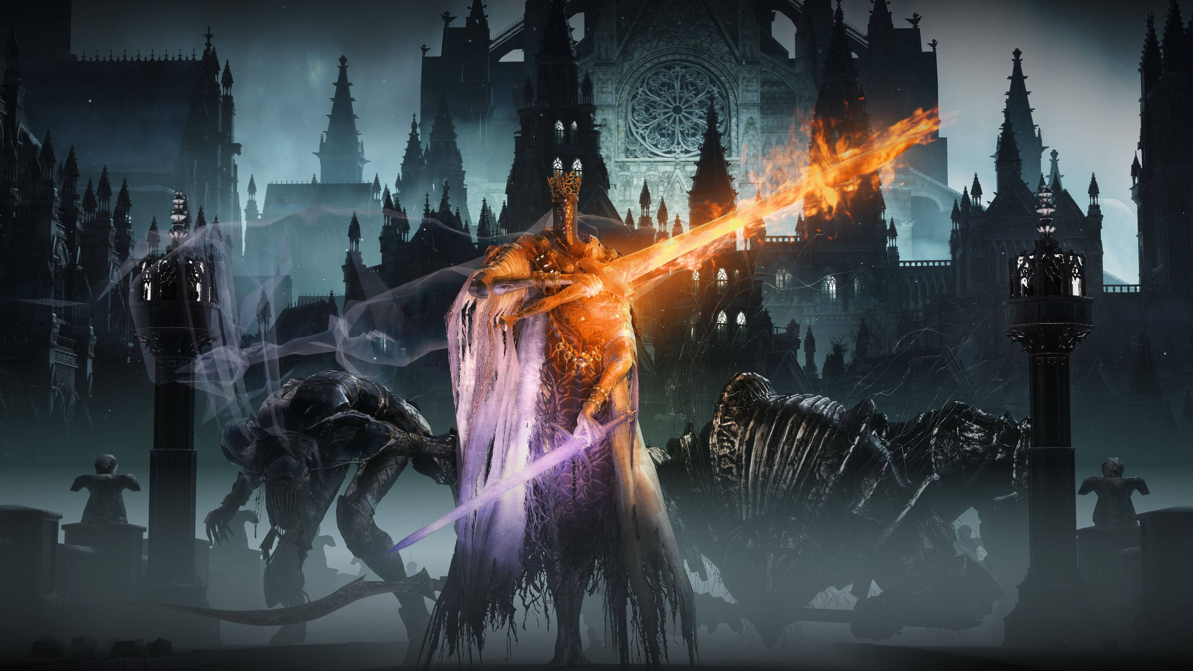 Dark Souls 4K, fiery sword, gothic cathedral, 4K Desktop Wallpaper