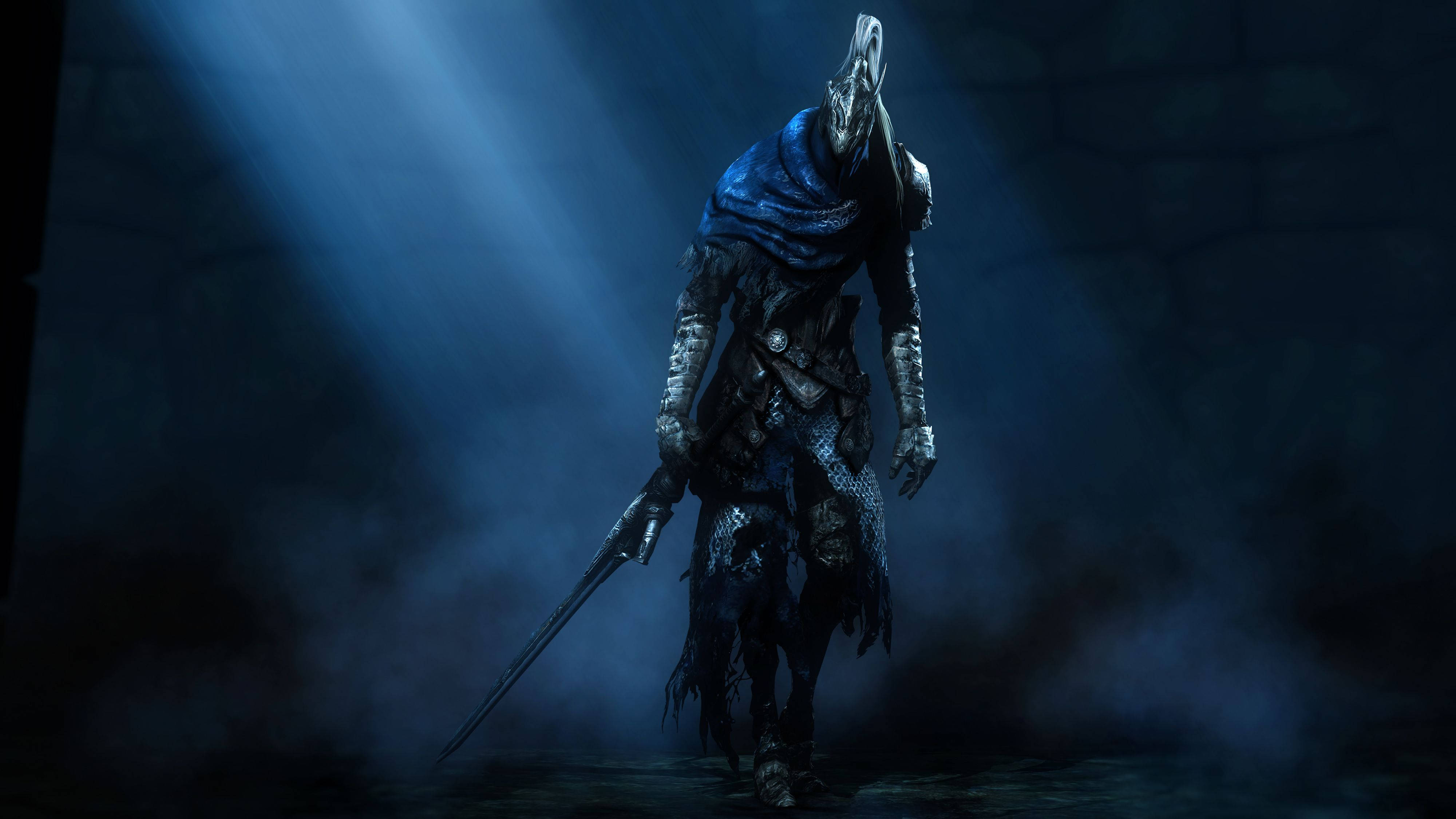 Dark Souls 4K, hooded warrior, tattered blue armor, 4K Desktop Wallpaper