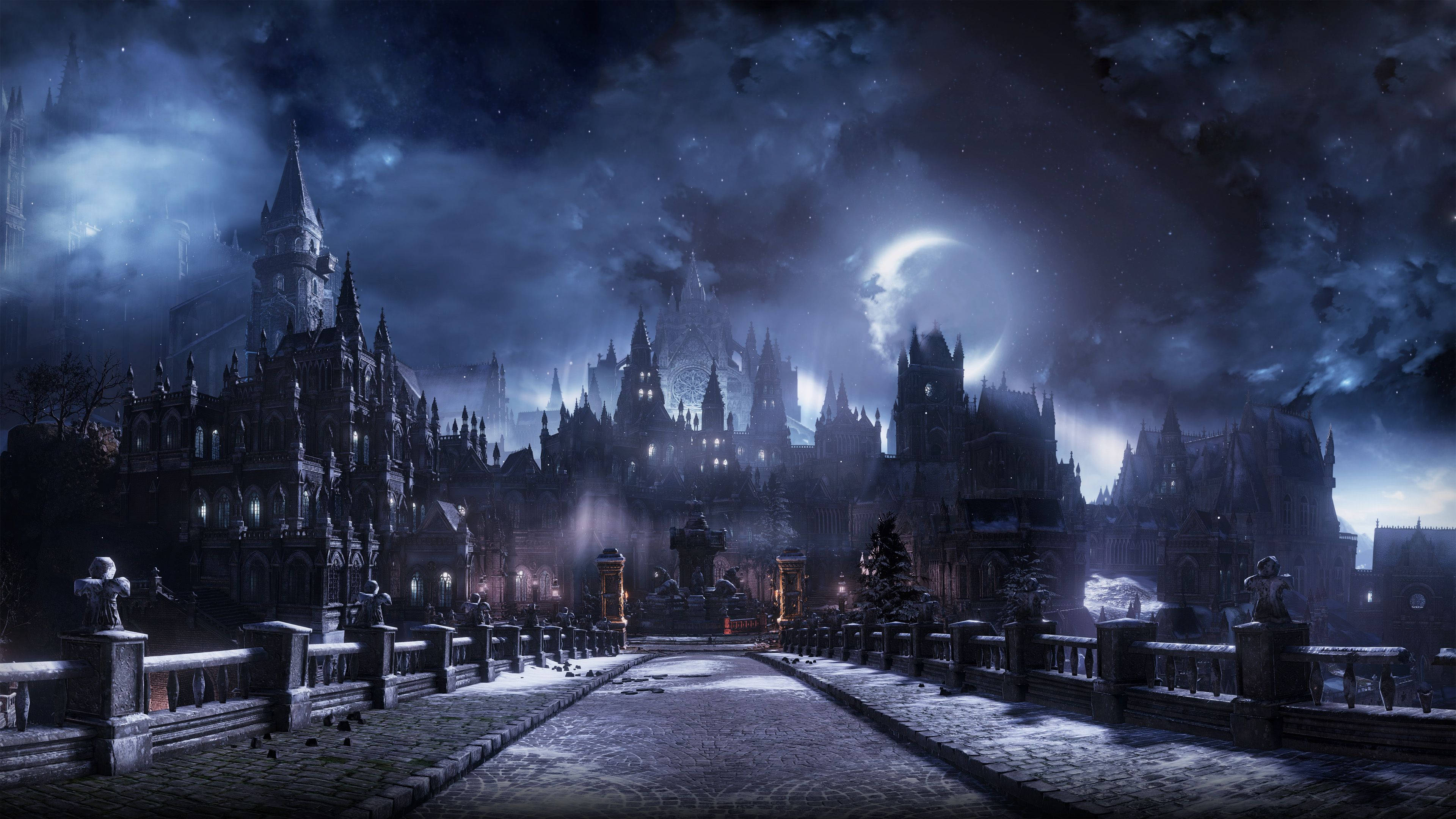 Dark Souls 4K, crescent moon, gothic castle, 4K Desktop Wallpaper