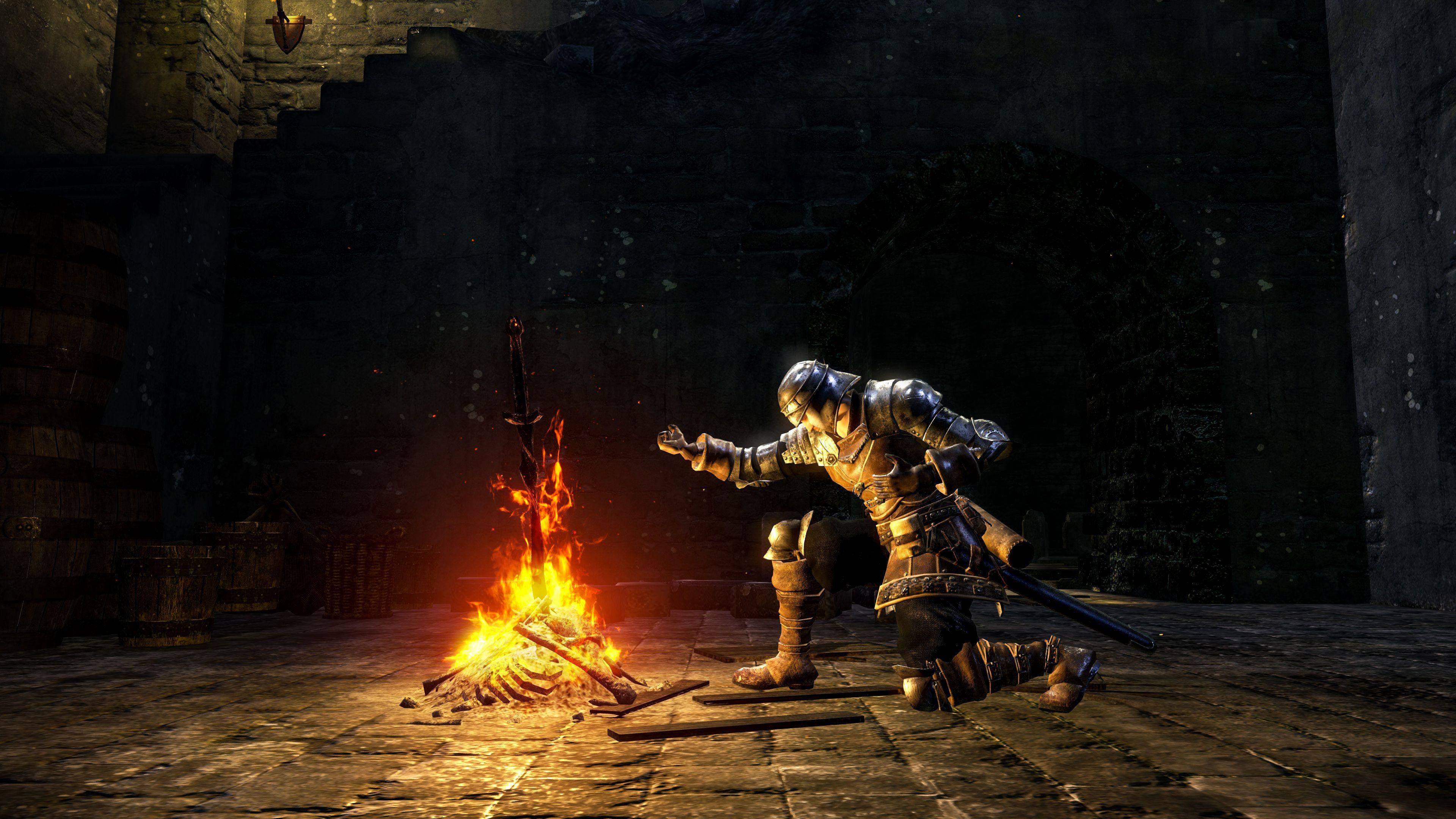 Dark Souls 4K, bonfire, knight in full armor, 4K Desktop Wallpaper