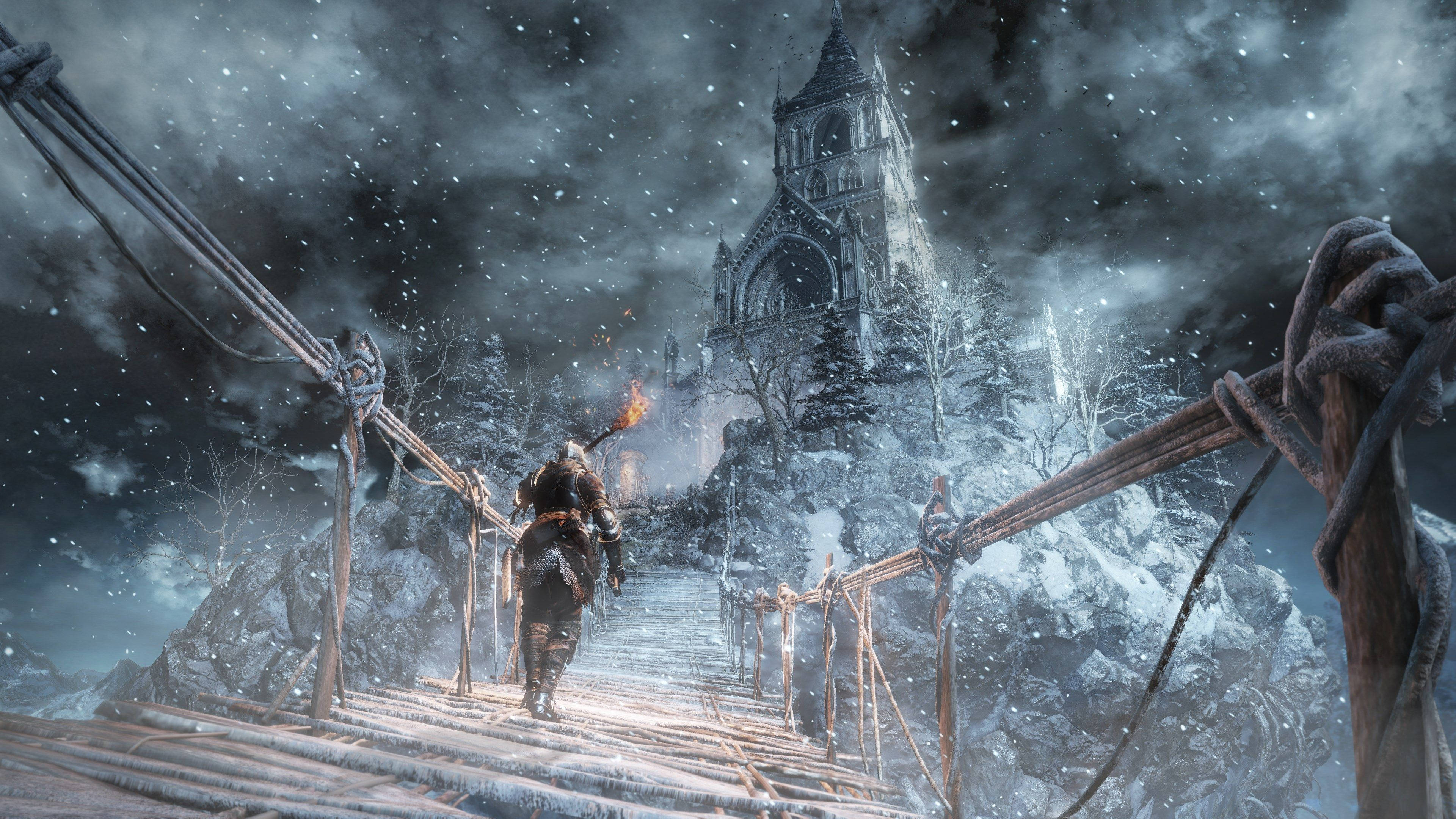 Dark Souls 4K, rope bridge, snow-covered, 4K Desktop Wallpaper