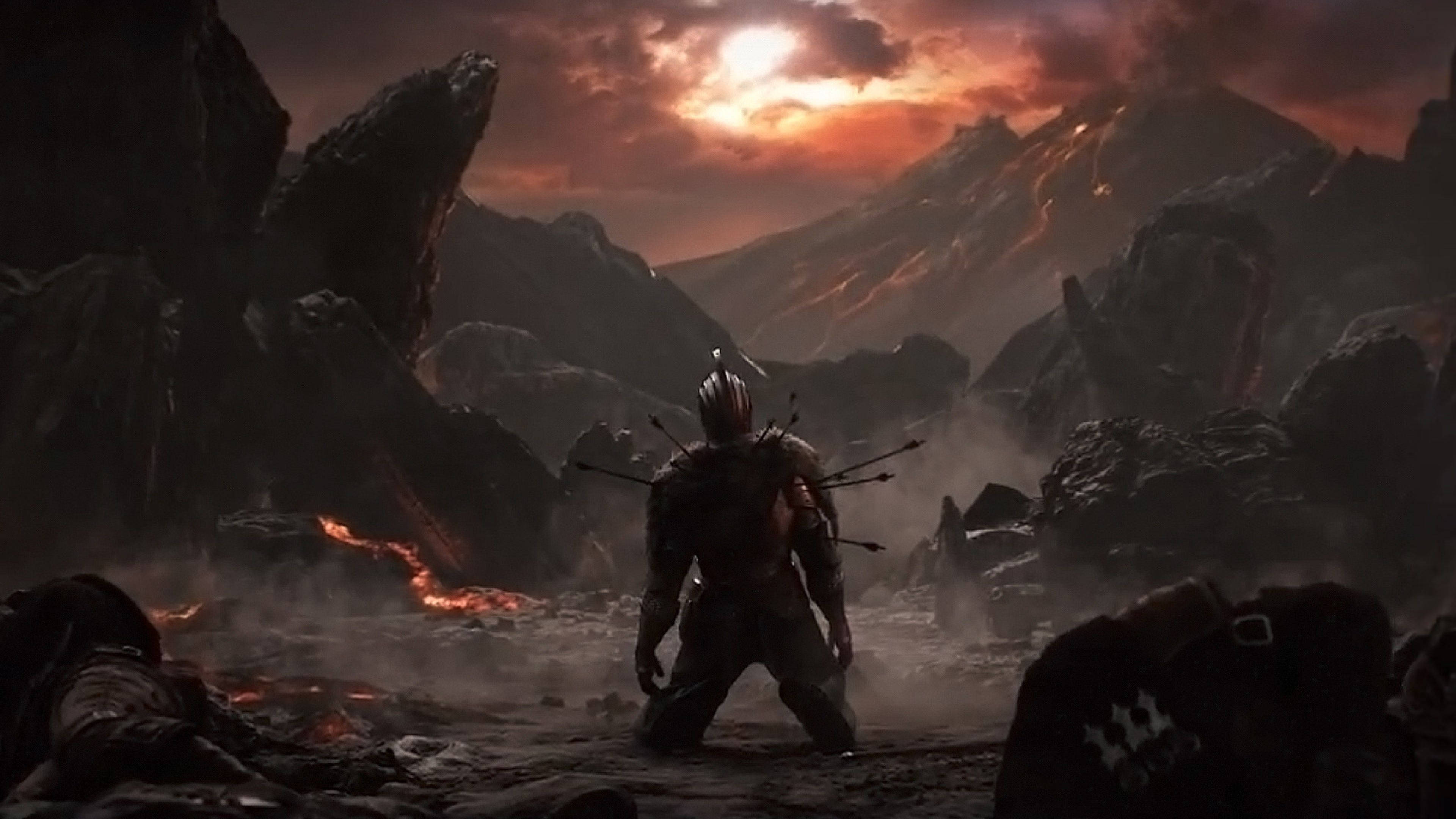 Dark Souls 4K, kneeling knight, volcanic landscape, 4K Desktop Wallpaper