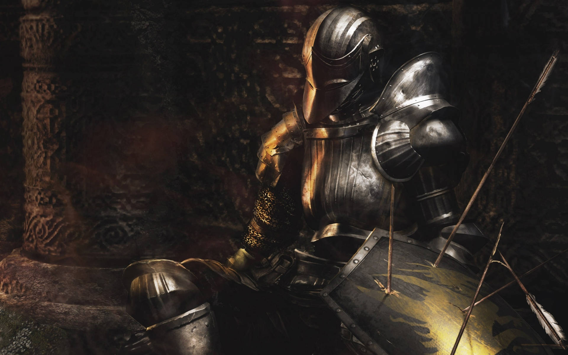 Dark Souls 4K, tarnished silver armor, stone pillar, Full HD Desktop Wallpaper