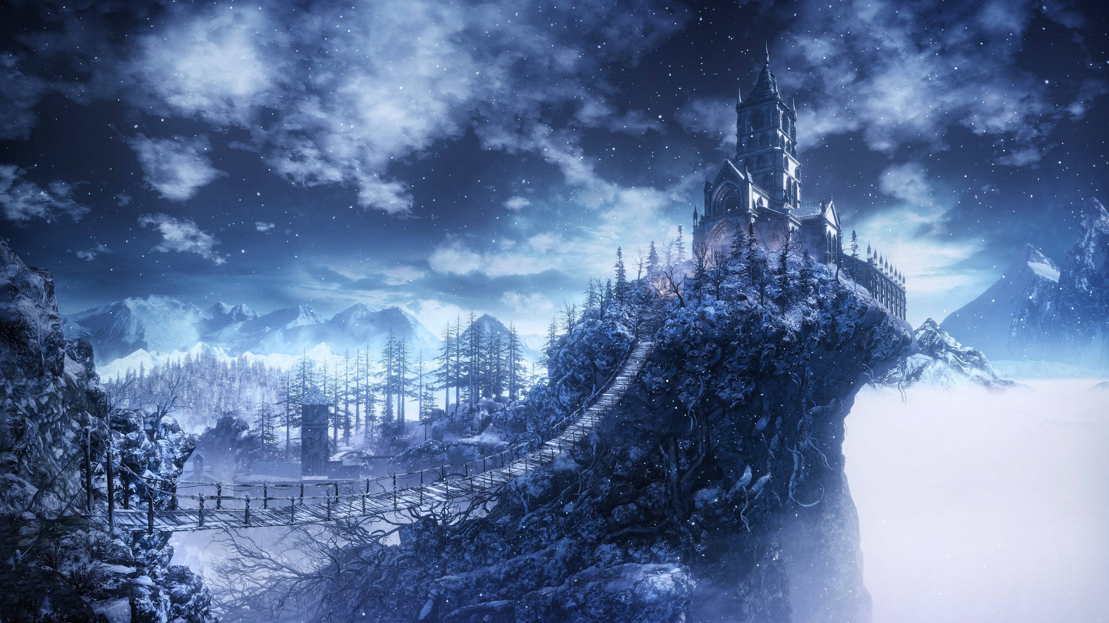 Dark Souls 4K, cliffside castle, snow-covered gothic castle, 4K Desktop Wallpaper