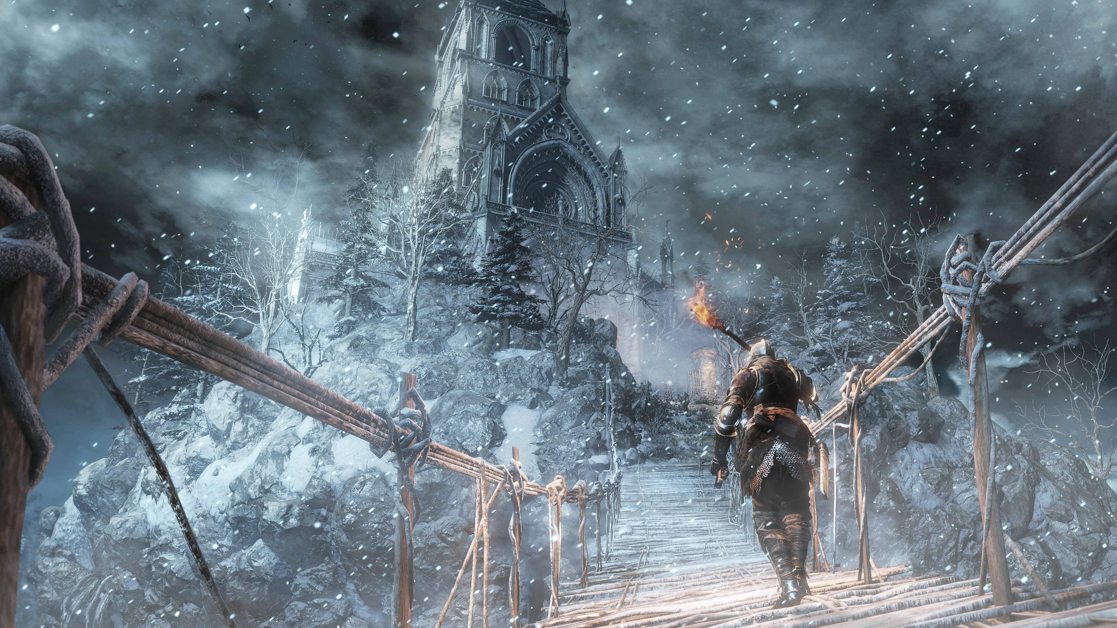 Dark Souls 4K, winter bridge, snow-covered rope bridge, 4K Desktop Wallpaper