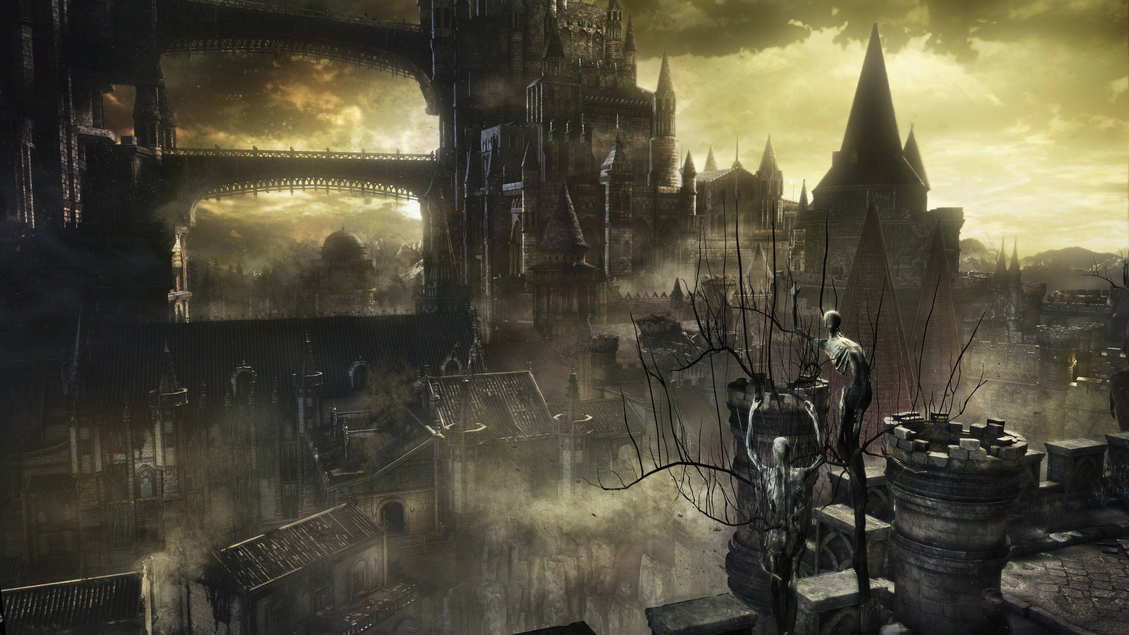 Dark Souls 4K, crumbling castle roof, gothic cityscape, 4K Desktop Wallpaper