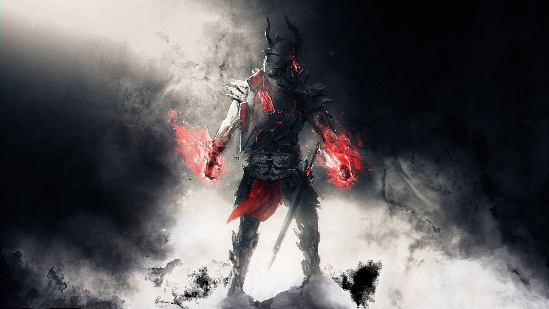 Dark Souls Black Knight, glowing red energy fists, stormy battlefield, Full HD Desktop Wallpaper