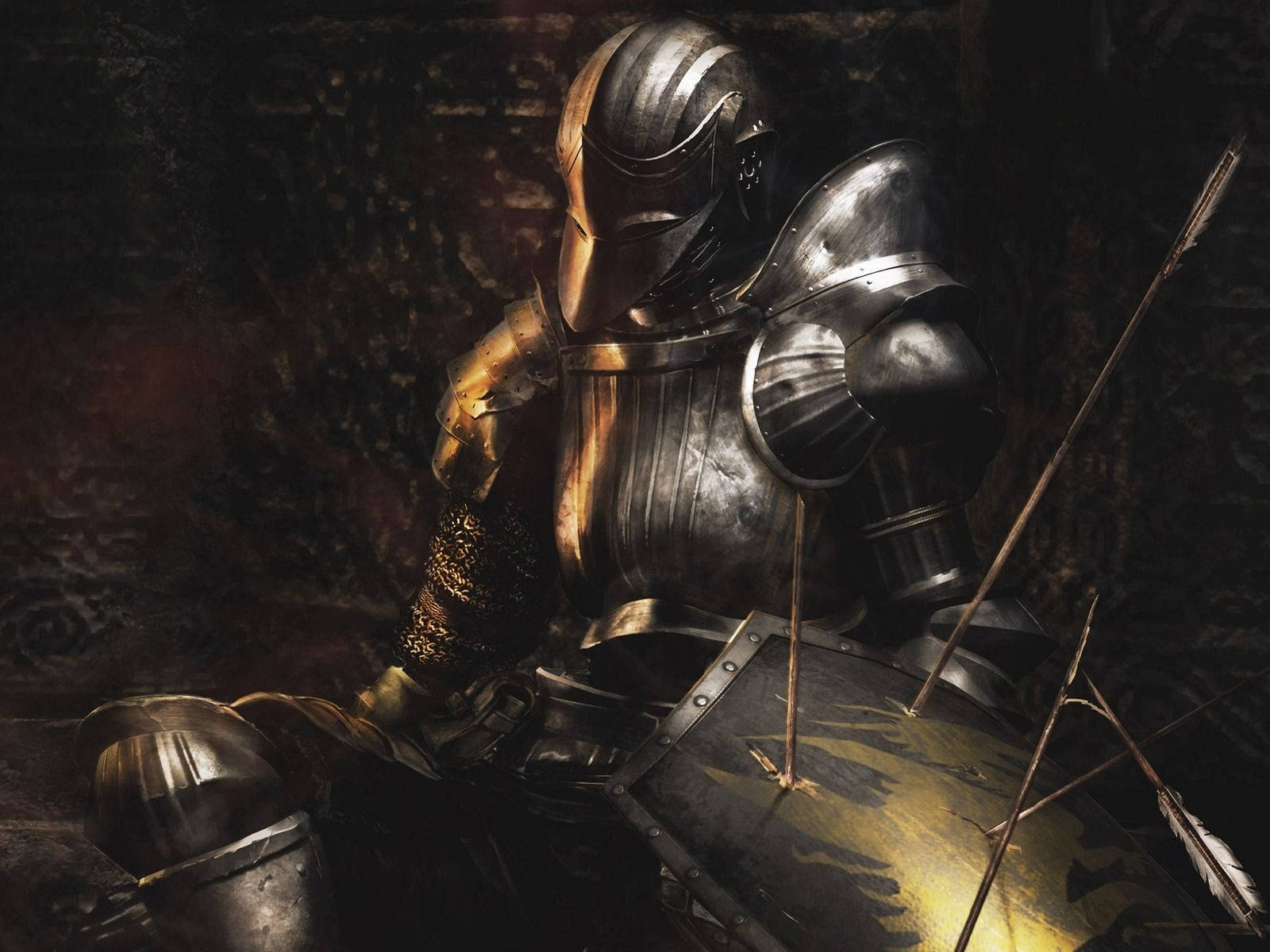 Dark Souls Knight, tarnished silver armor, shield, HD Desktop Wallpaper