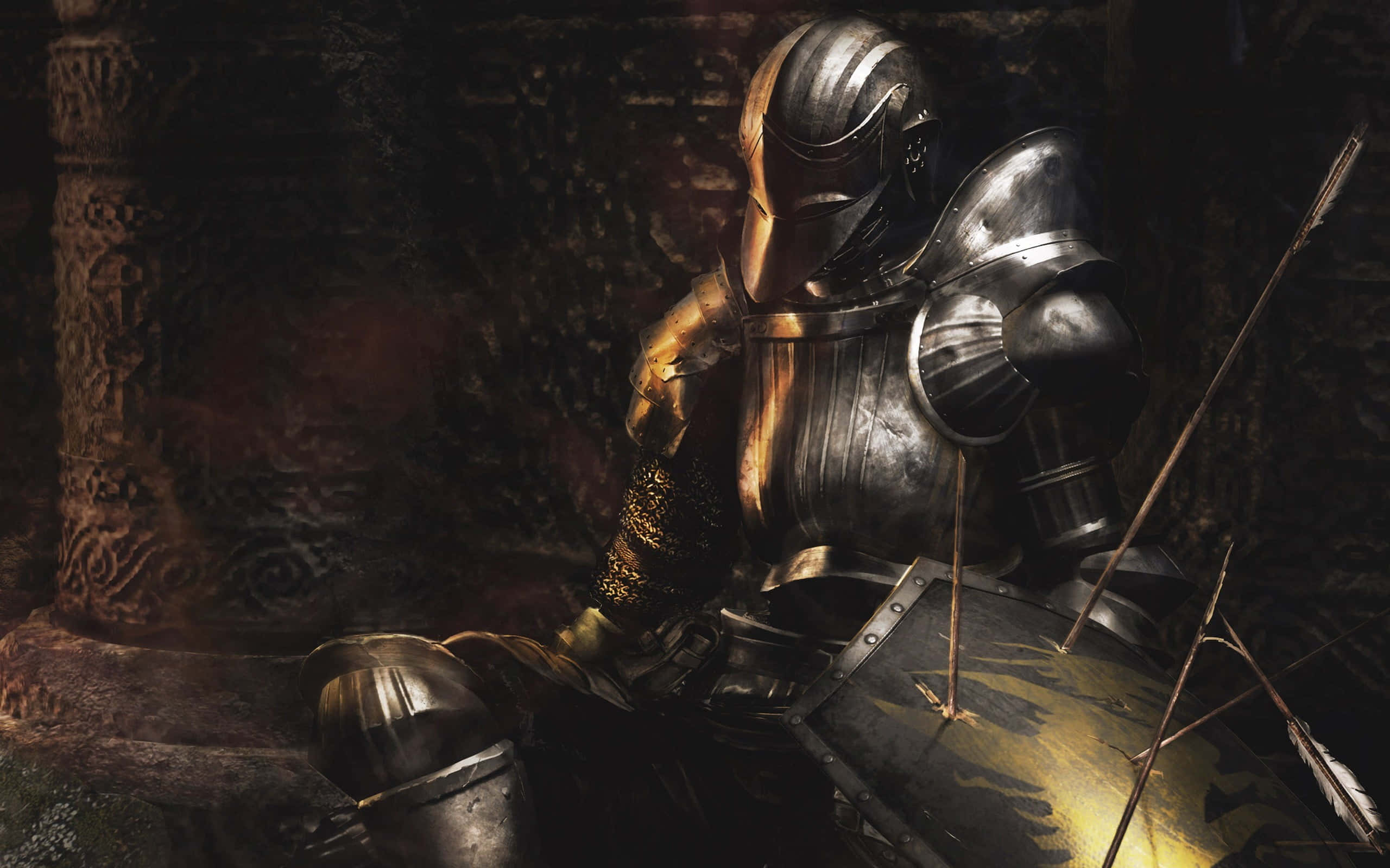 Dark Souls Black Knight, tarnished silver armor, shield with arrows stuck in it, 2K Desktop Wallpaper