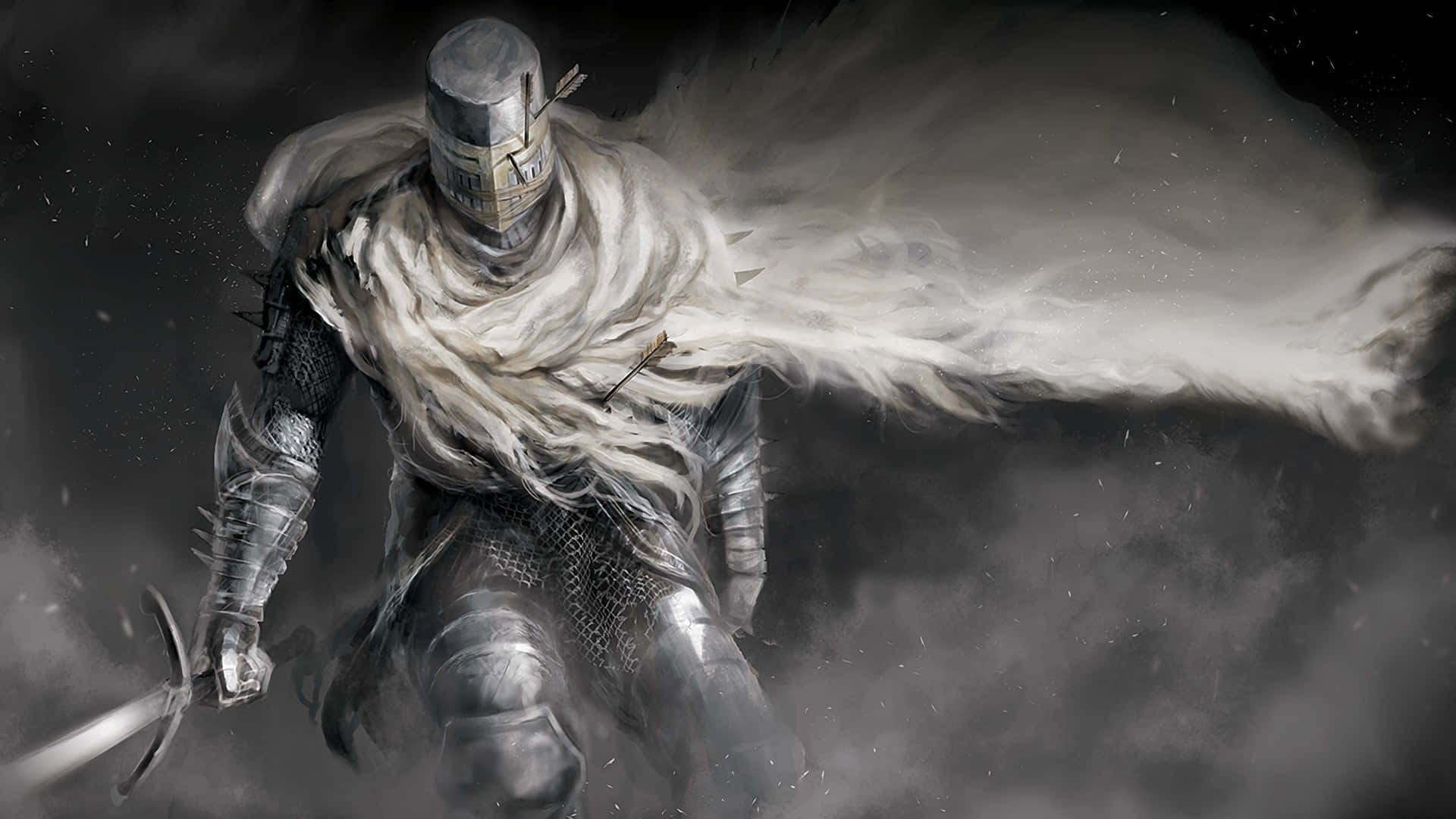 Dark Souls Black Knight, silver armor, white cape, Full HD Desktop Wallpaper