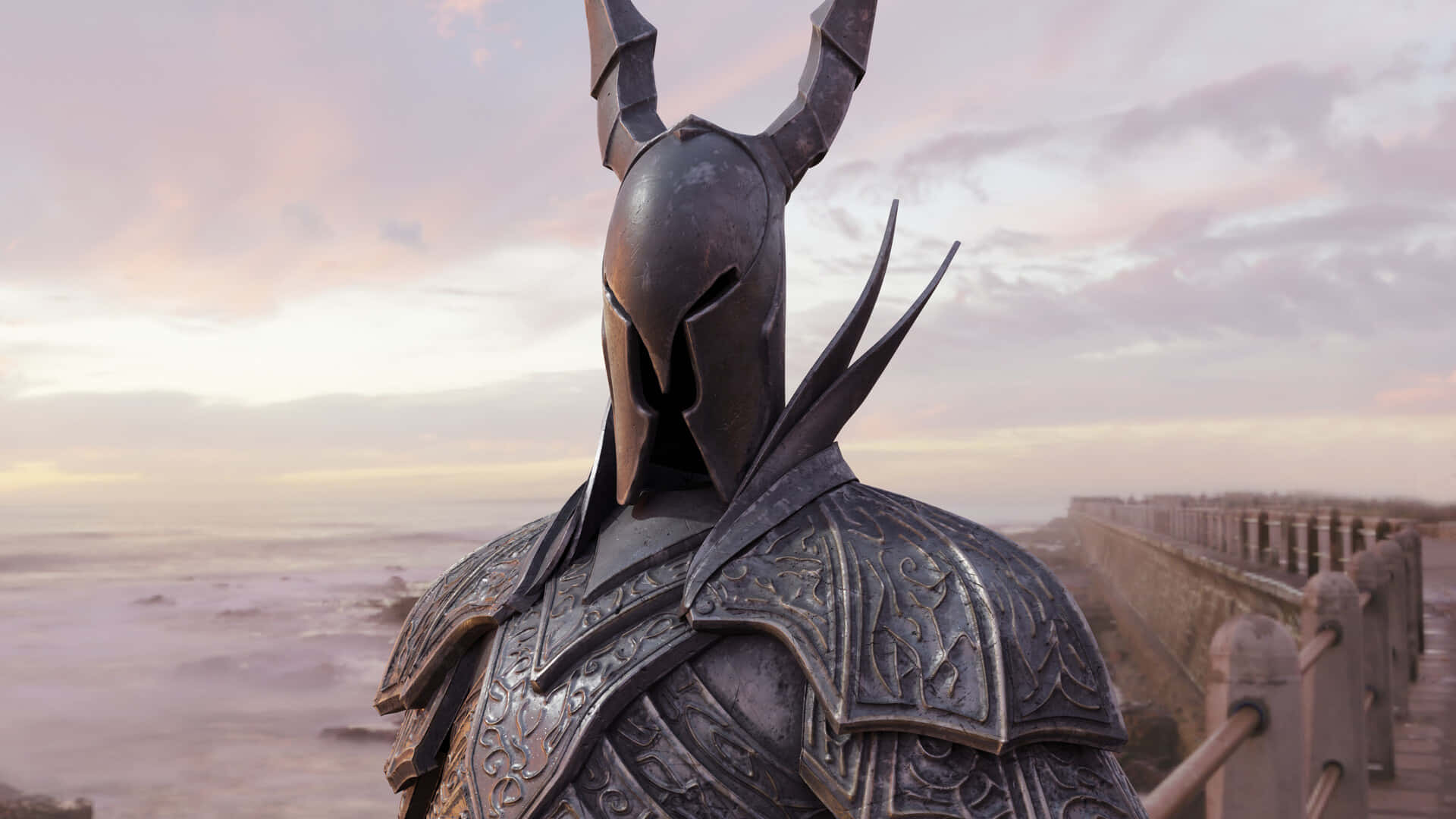 Dark Souls Black Knight, horned helmet, stone pier, Full HD Desktop Wallpaper