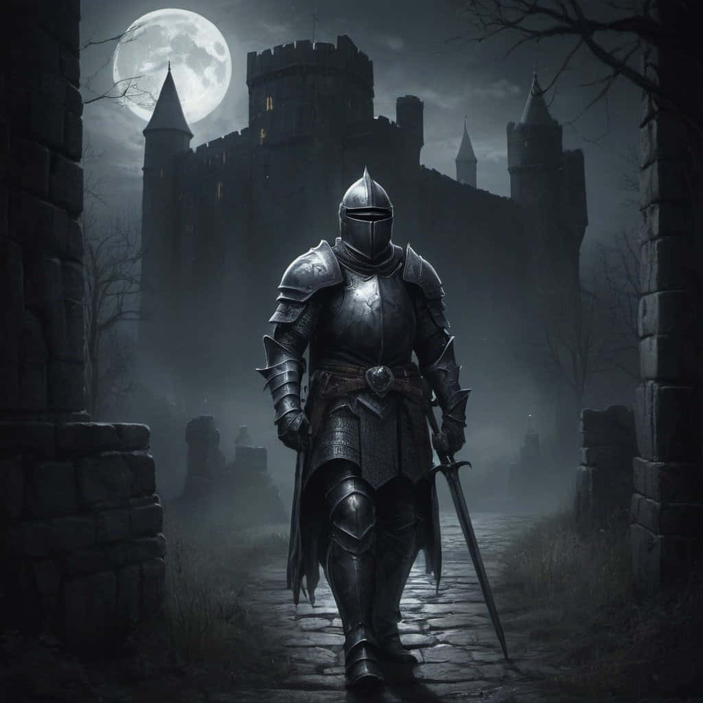 Dark Souls Black Knight, moonlit castle, full moon, SD Desktop Wallpaper