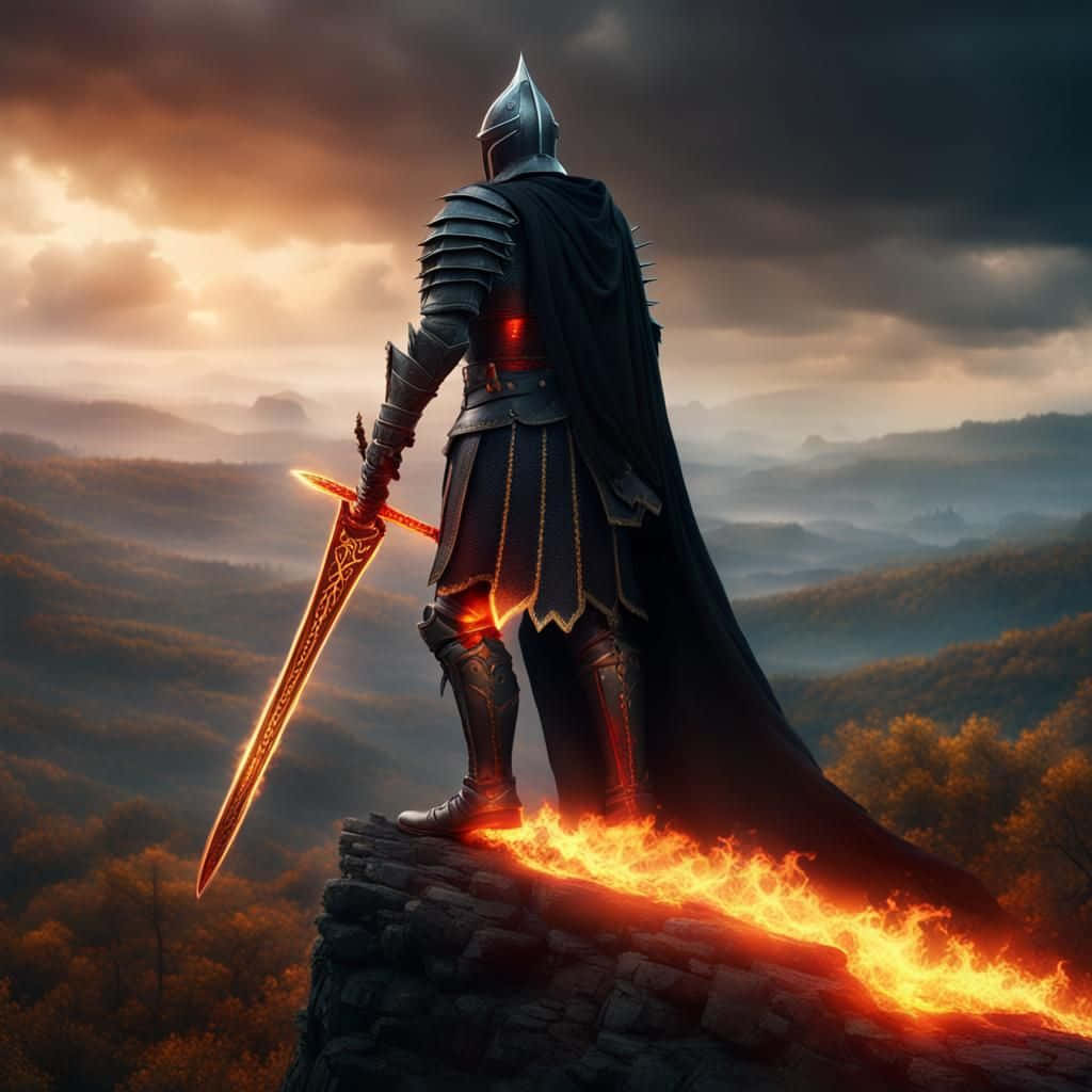 Black Knight, glowing sword, flaming cliff, SD Desktop Wallpaper