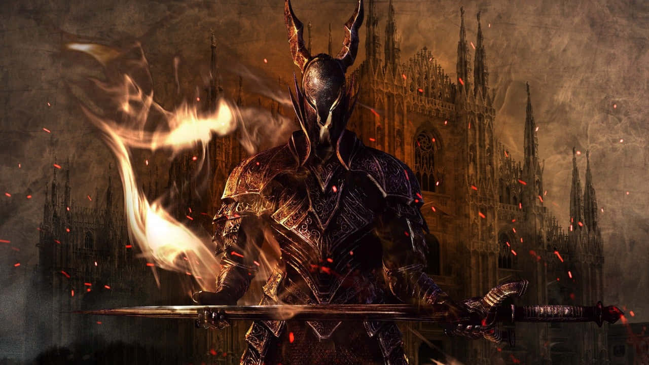 Dark Souls Black Knight, flaming sword, gothic cathedral, HD Desktop Wallpaper