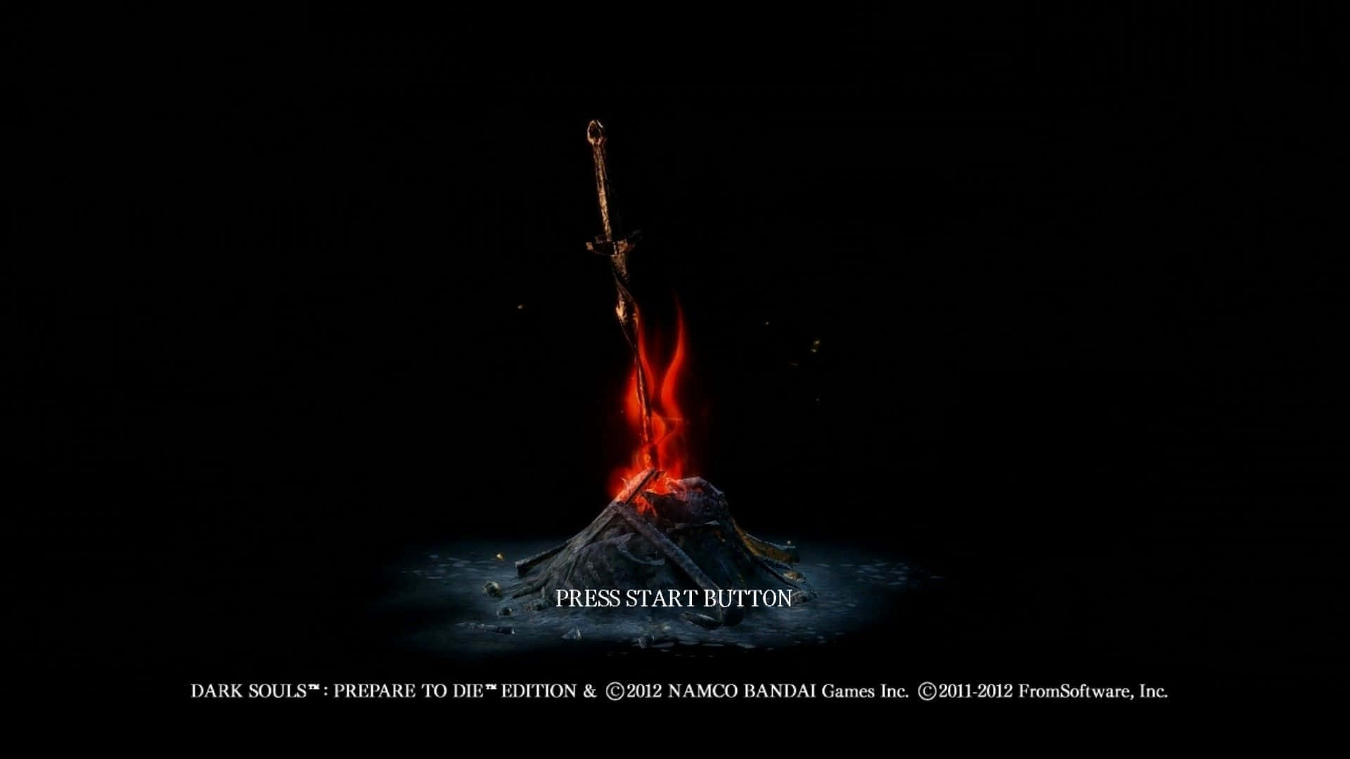 Dark Souls Bonfire, glowing red sword, dark stone pedestal, Full HD Desktop Wallpaper