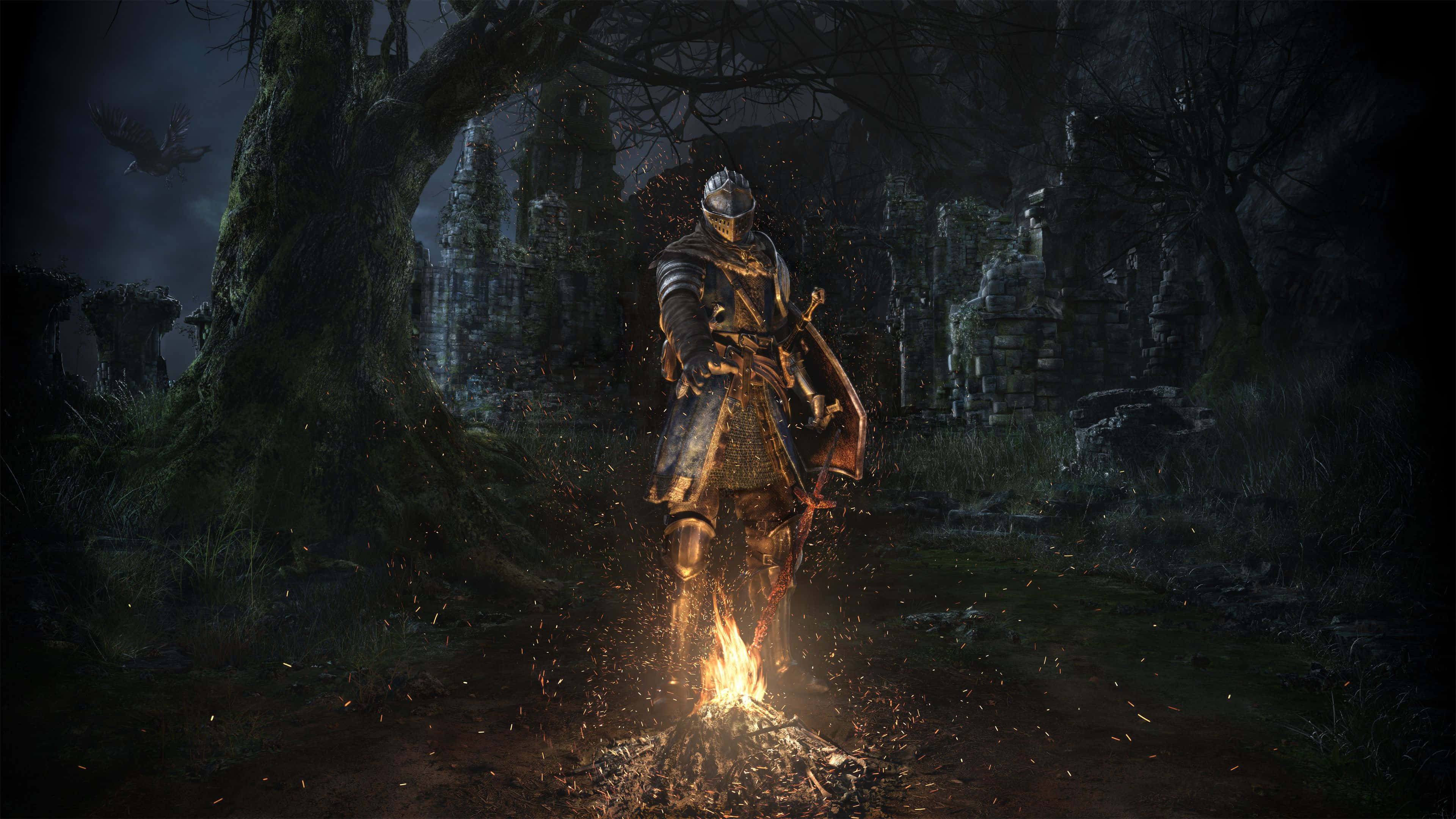 Dark Souls Bonfire, knight in ornate armor, flickering campfire, 4K Desktop Wallpaper