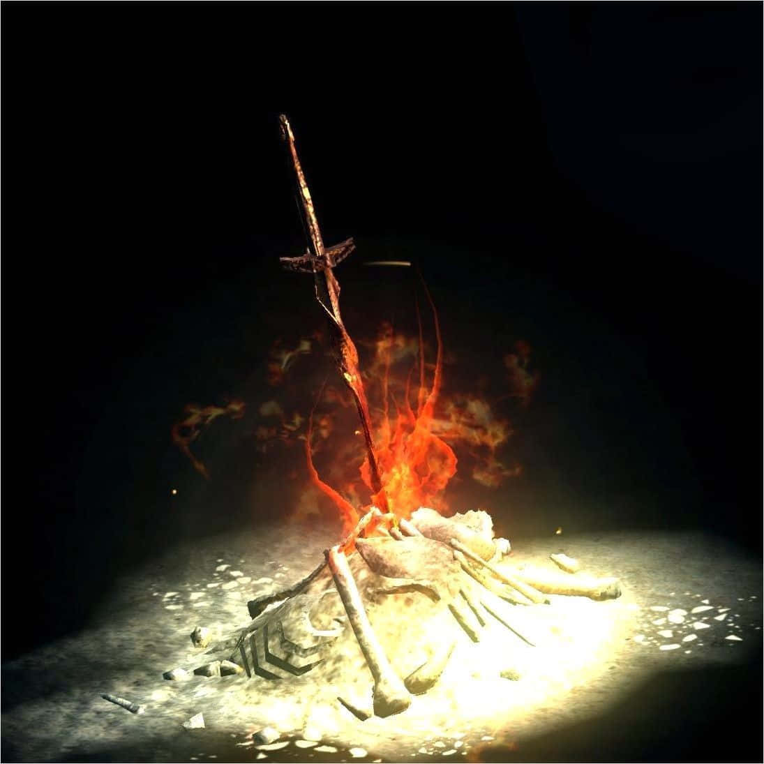 Dark Souls Bonfire, rusted sword, pile of bones, SD Desktop Wallpaper