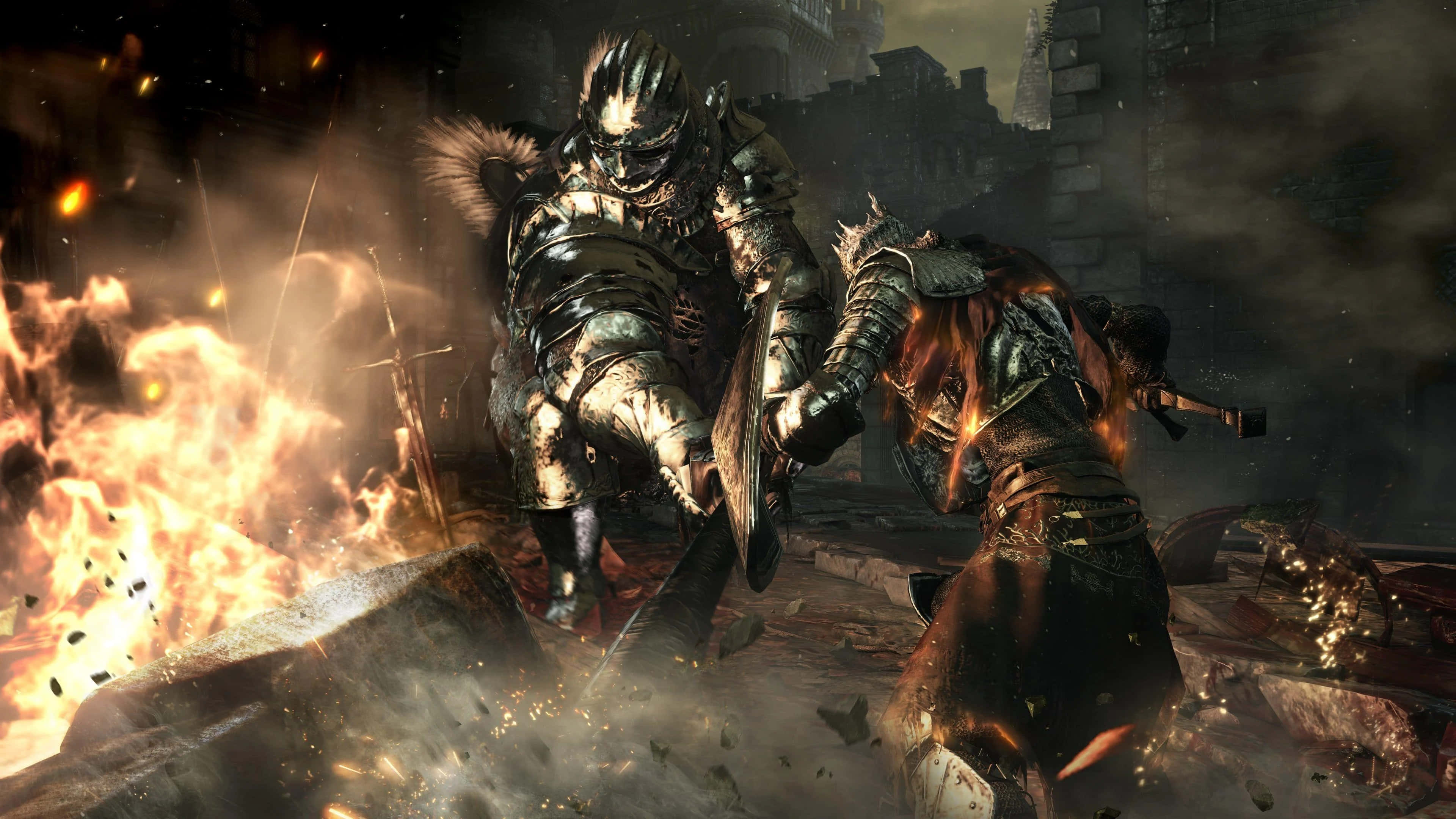 Dark Souls, knight in ornate armor, flaming enemy, 4K Desktop Wallpaper