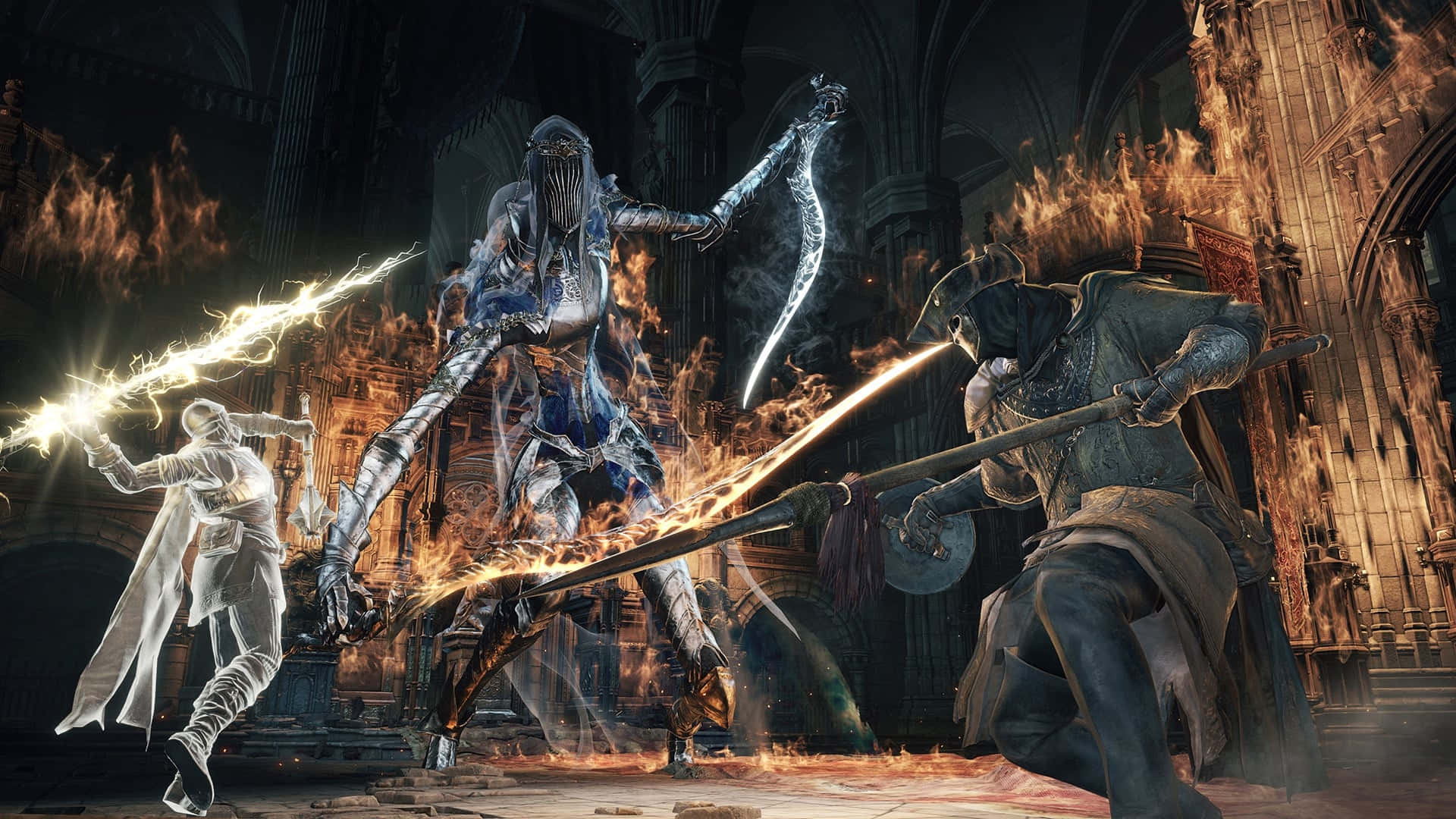 Dark Souls Bosses, fiery cathedral, glowing blades, Full HD Desktop Wallpaper
