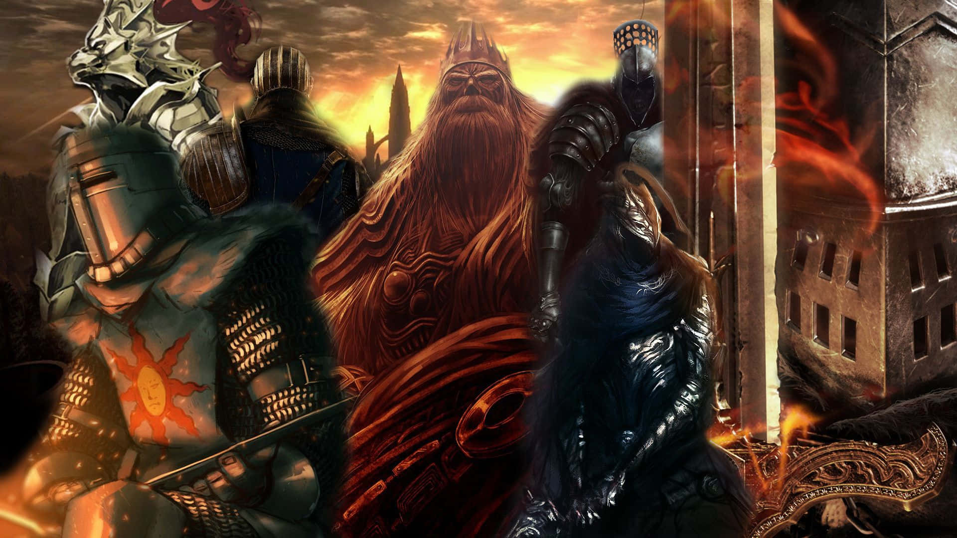 Dark Souls Bosses, fiery castle, sunset, Full HD Desktop Wallpaper