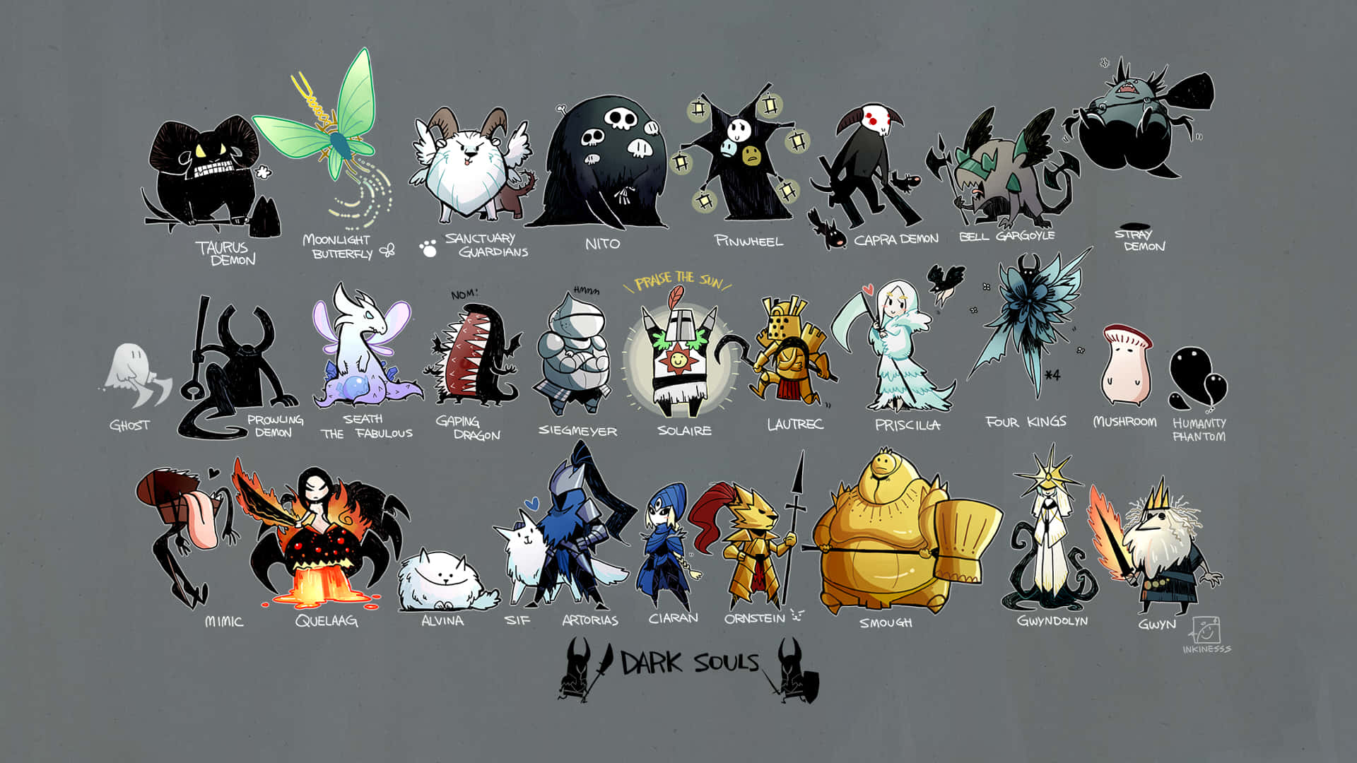 Dark Souls Bosses, cartoon style, gray background, Full HD Desktop Wallpaper