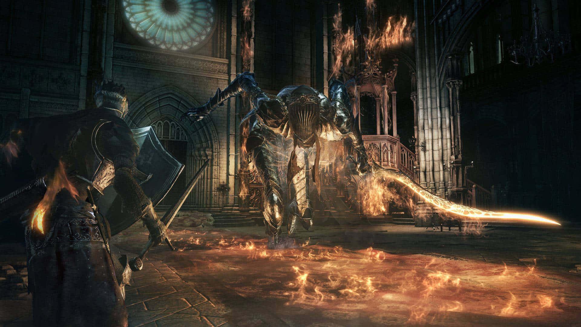 Dark Souls, knight in dark armor, flaming armored boss, Full HD Desktop Wallpaper