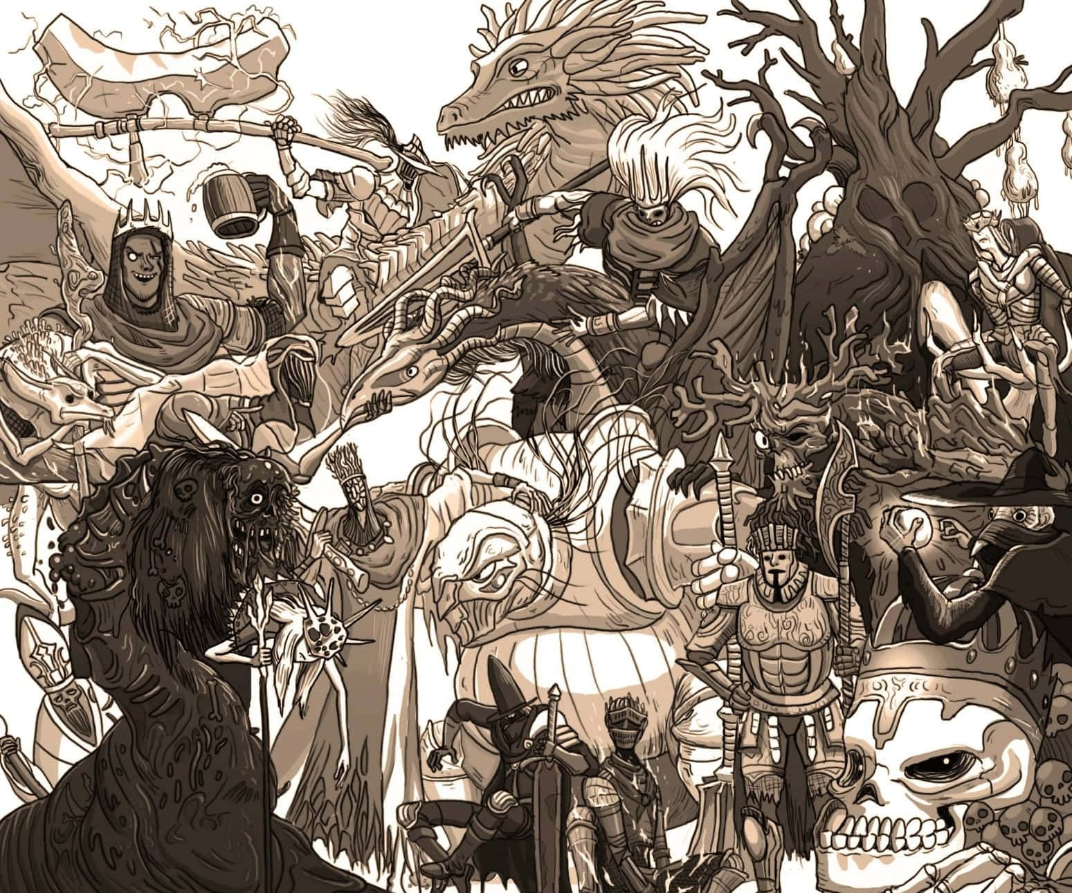 Dark Souls, sepia-toned, twisted trees, HD Desktop Wallpaper
