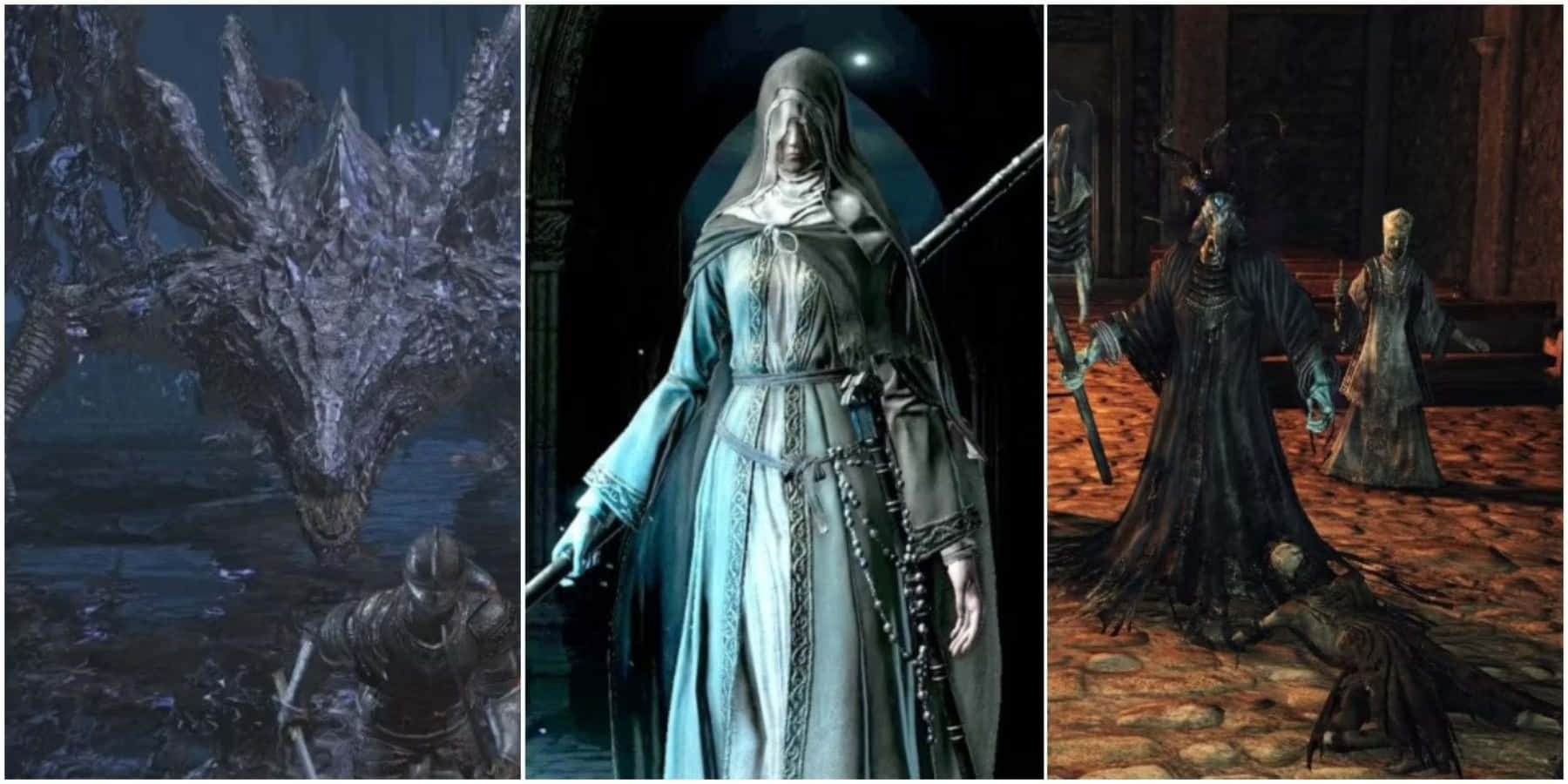 Dark Souls Bosses, colossal ice dragon, hooded priestess with a staff, HD Desktop Wallpaper