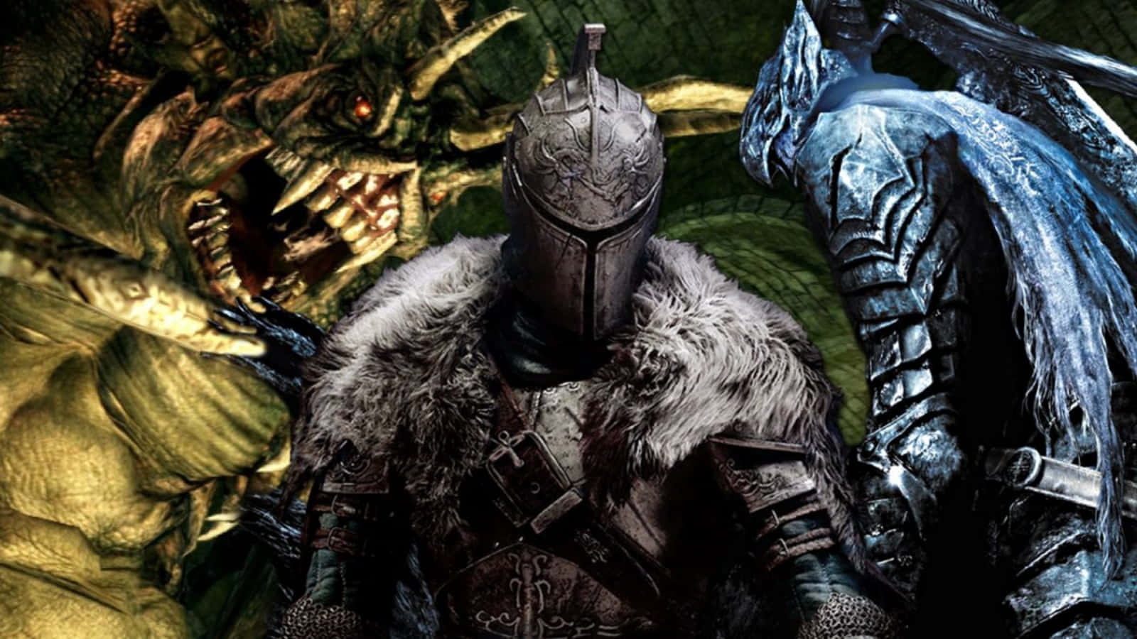 Dark Souls Bosses, knight in ornate armor, monstrous dragon with glowing eyes and sharp teeth, HD Desktop Wallpaper