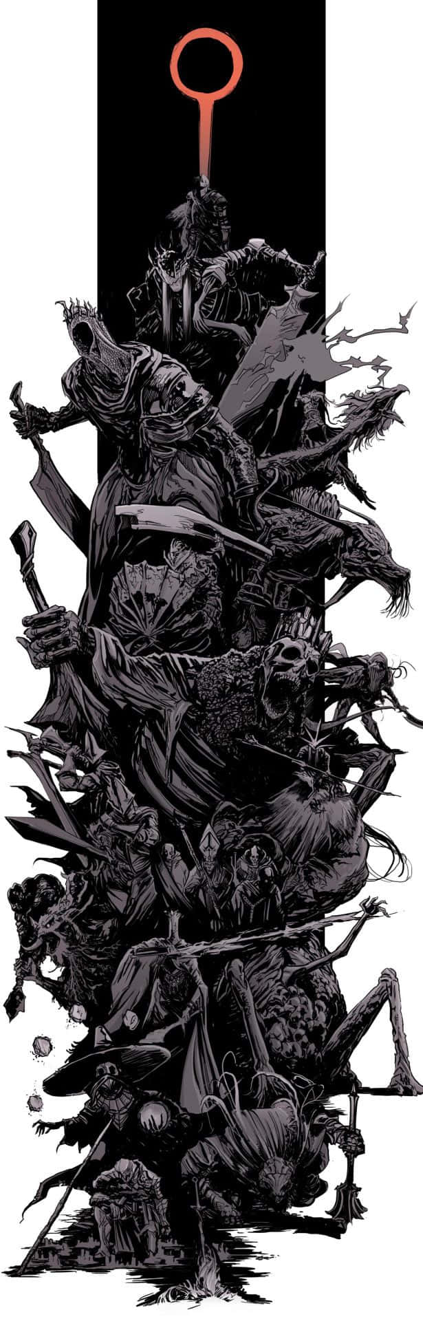 Dark Souls Bosses, monochrome illustration, grotesque demonic figures, Full HD Phone Wallpaper