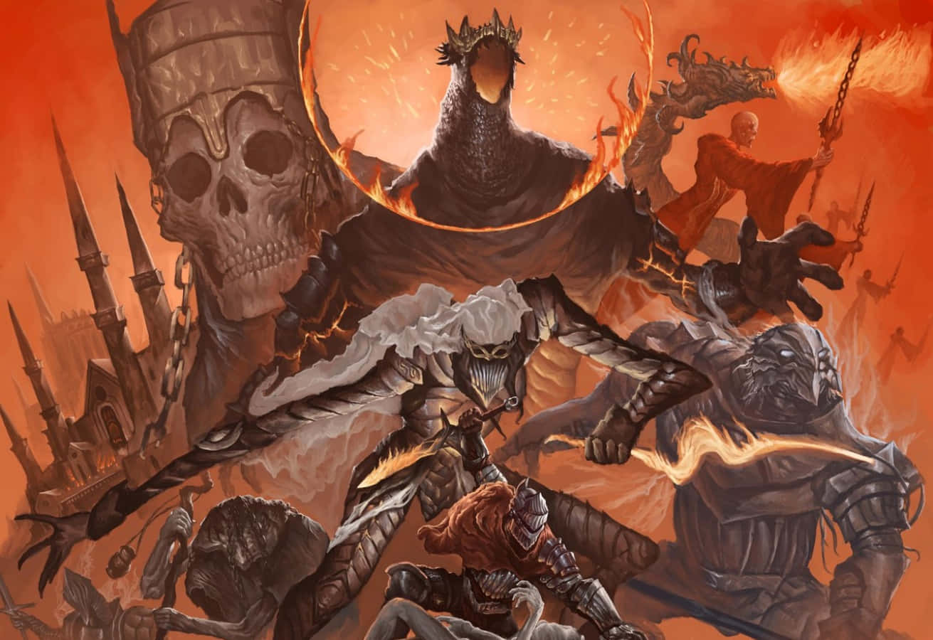 Dark Souls Bosses, fiery fantasy battle scene, armored warriors, HD Desktop Wallpaper