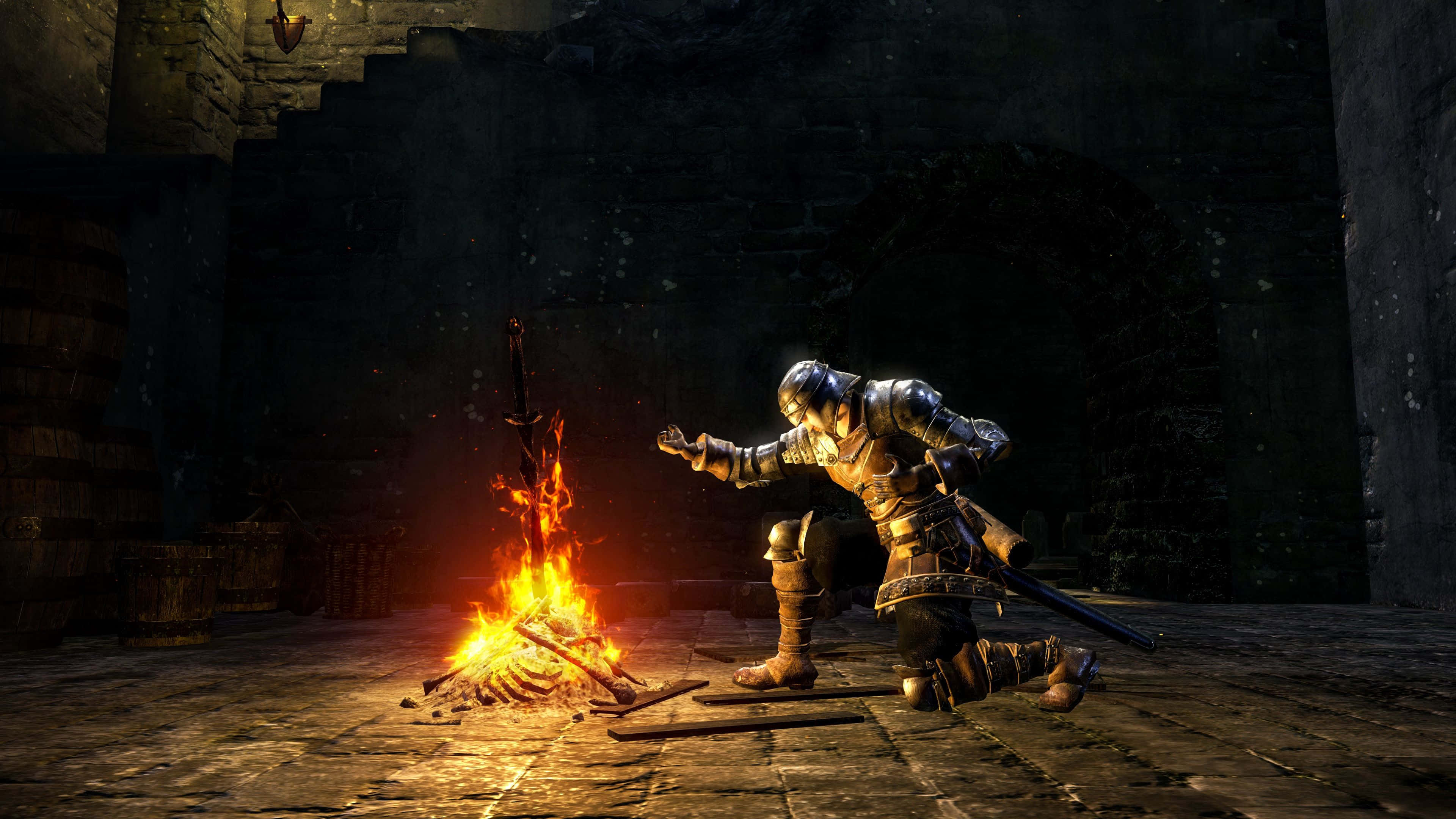 Dark Souls, bonfire, knight in full armor, 4K Desktop Wallpaper