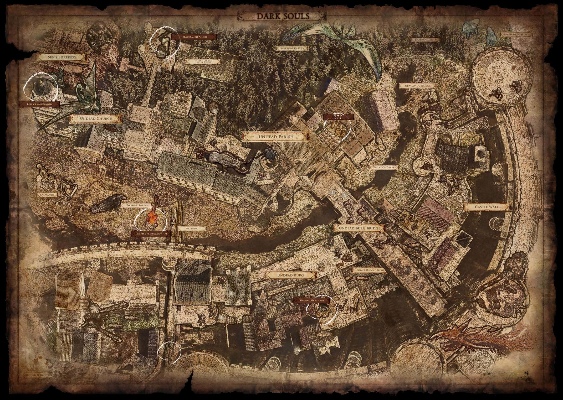 Dark Souls, game world map, sepia tones, Full HD Desktop Wallpaper