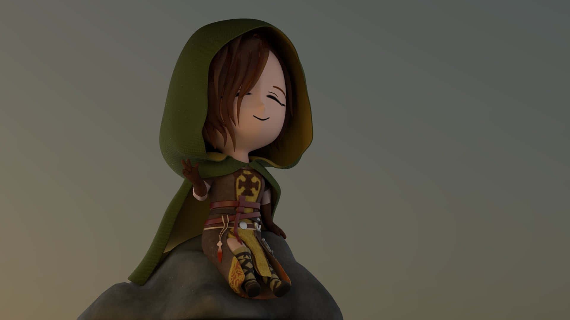 Dark Souls Emerald Herald, chibi-style animated character, green hooded cloak, Full HD Desktop Wallpaper