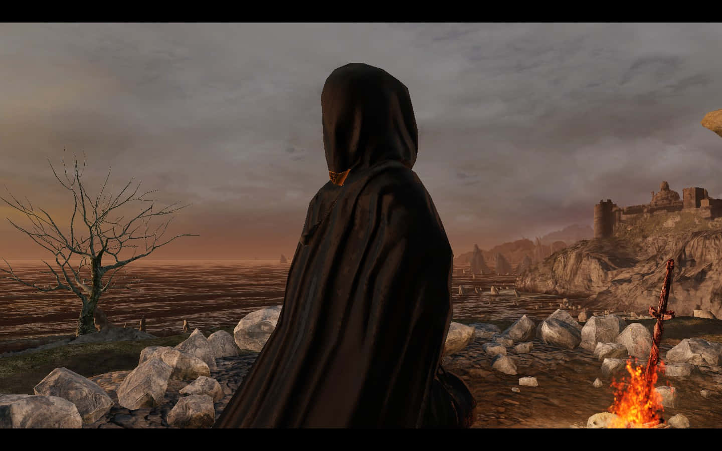 Dark Souls Emerald Herald, hooded figure, campfire, HD Desktop Wallpaper