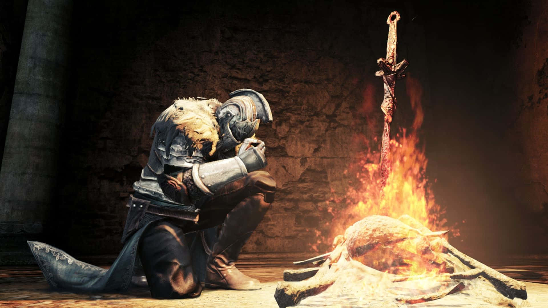 Dark Souls, bonfire, knight in heavy armor, Full HD Desktop Wallpaper