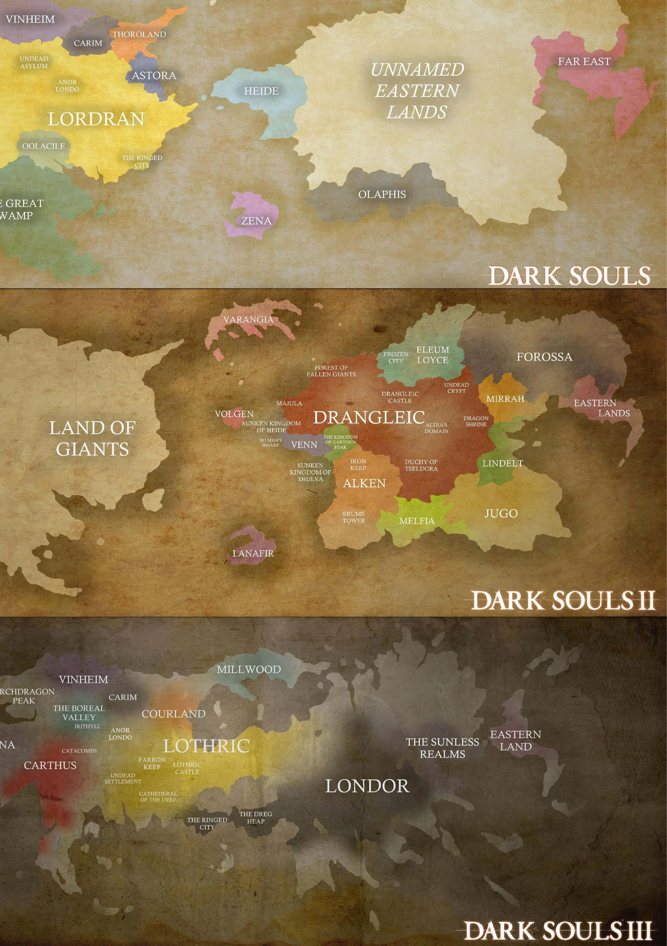 Dark Souls, parchment-style map, faded colors, 2K Phone Wallpaper