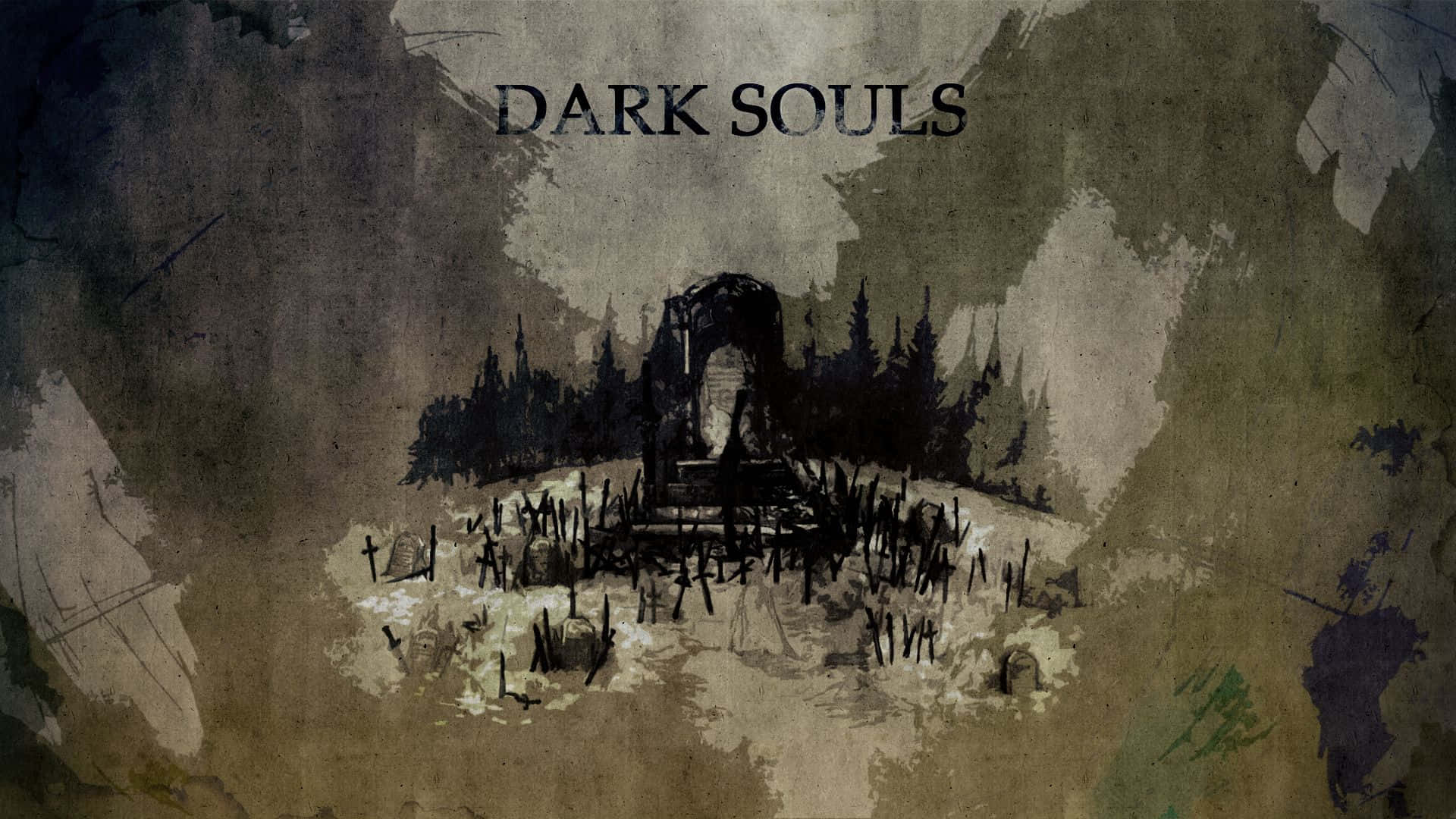 Dark Souls Map, watercolor-style illustration, desolate graveyard, Full HD Desktop Wallpaper