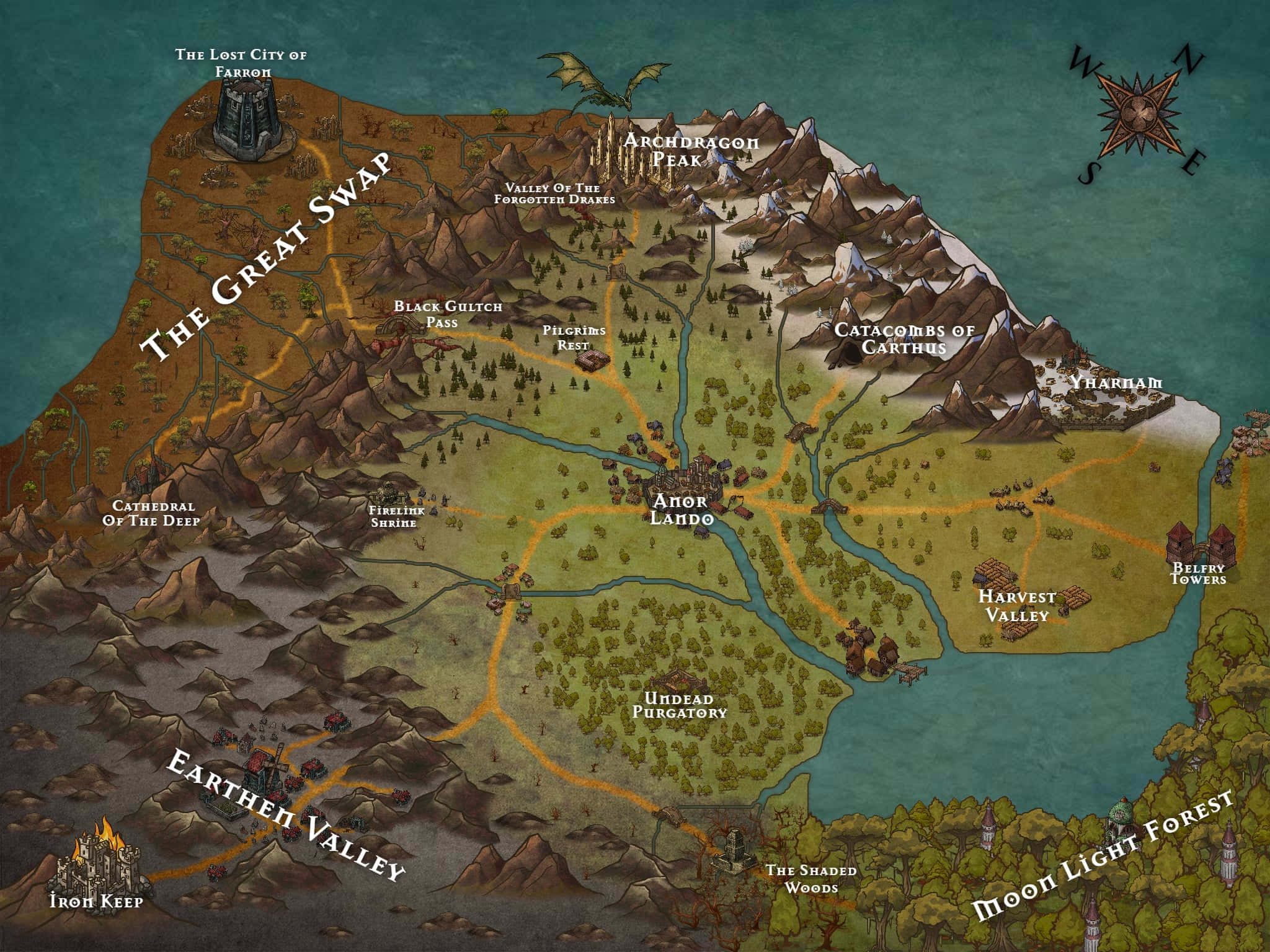 Dark Souls, fantasy game map, labeled regions, Full HD Desktop Wallpaper
