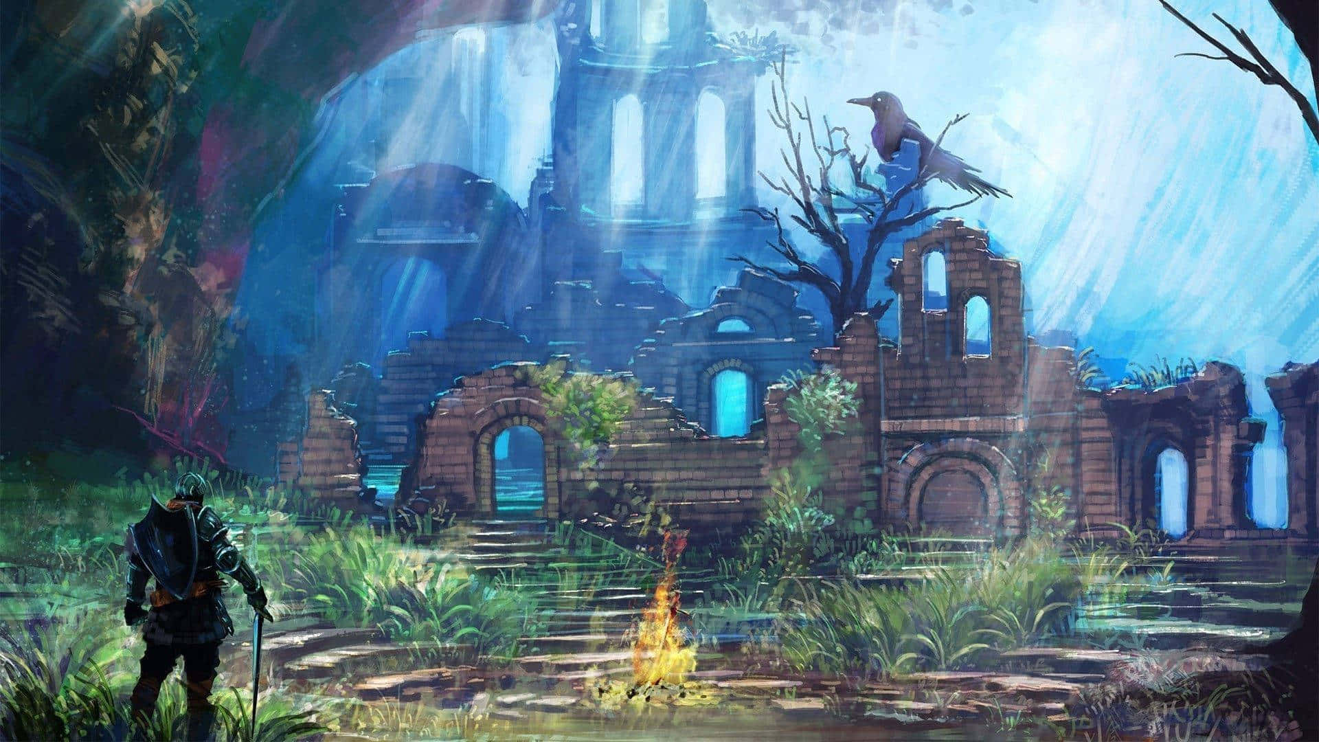 Dark Souls Solaire, ancient stone ruins, ethereal blue light, Full HD Desktop Wallpaper