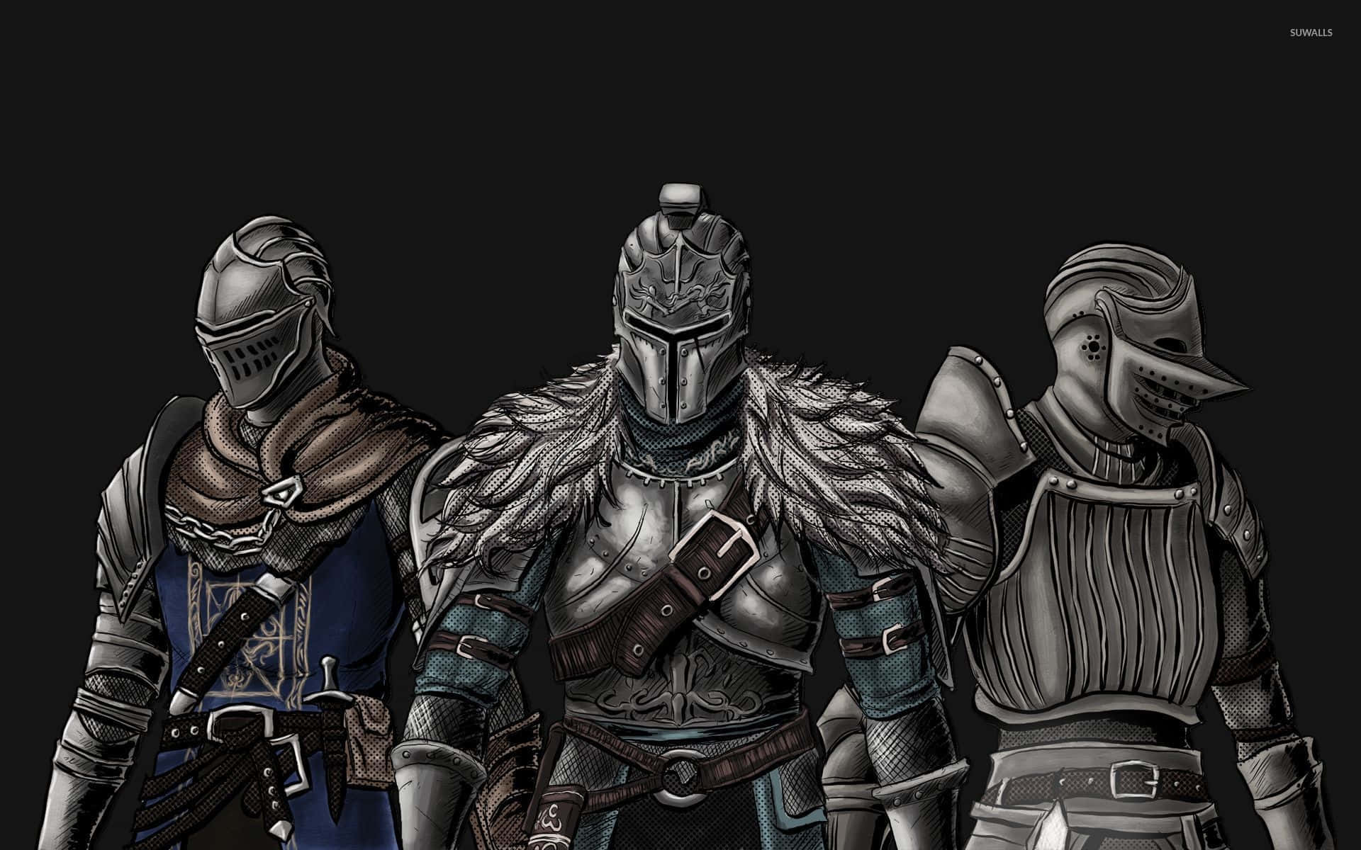 Dark Souls Solaire, three armored knights, detailed medieval armor, Full HD Desktop Wallpaper