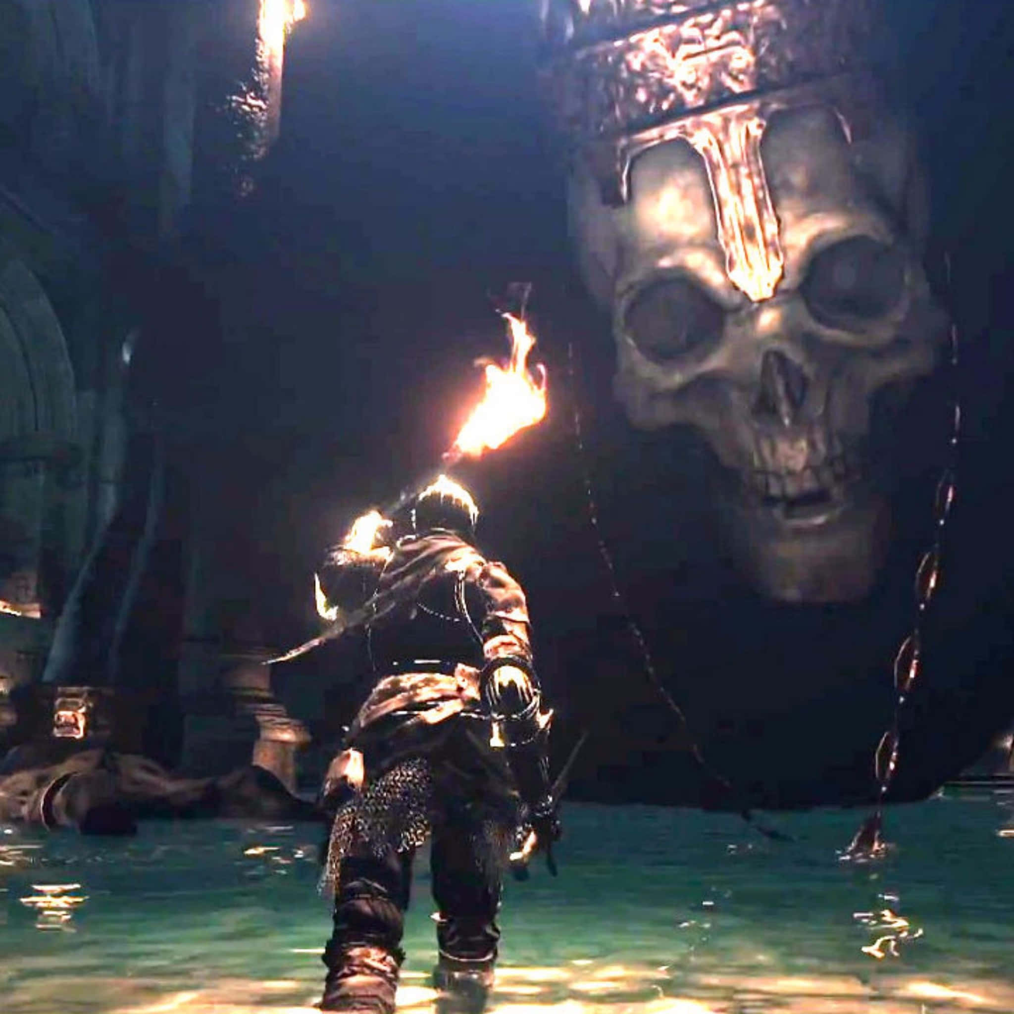 iOS 3, flaming torch, dark flooded chamber, Full HD Desktop Wallpaper