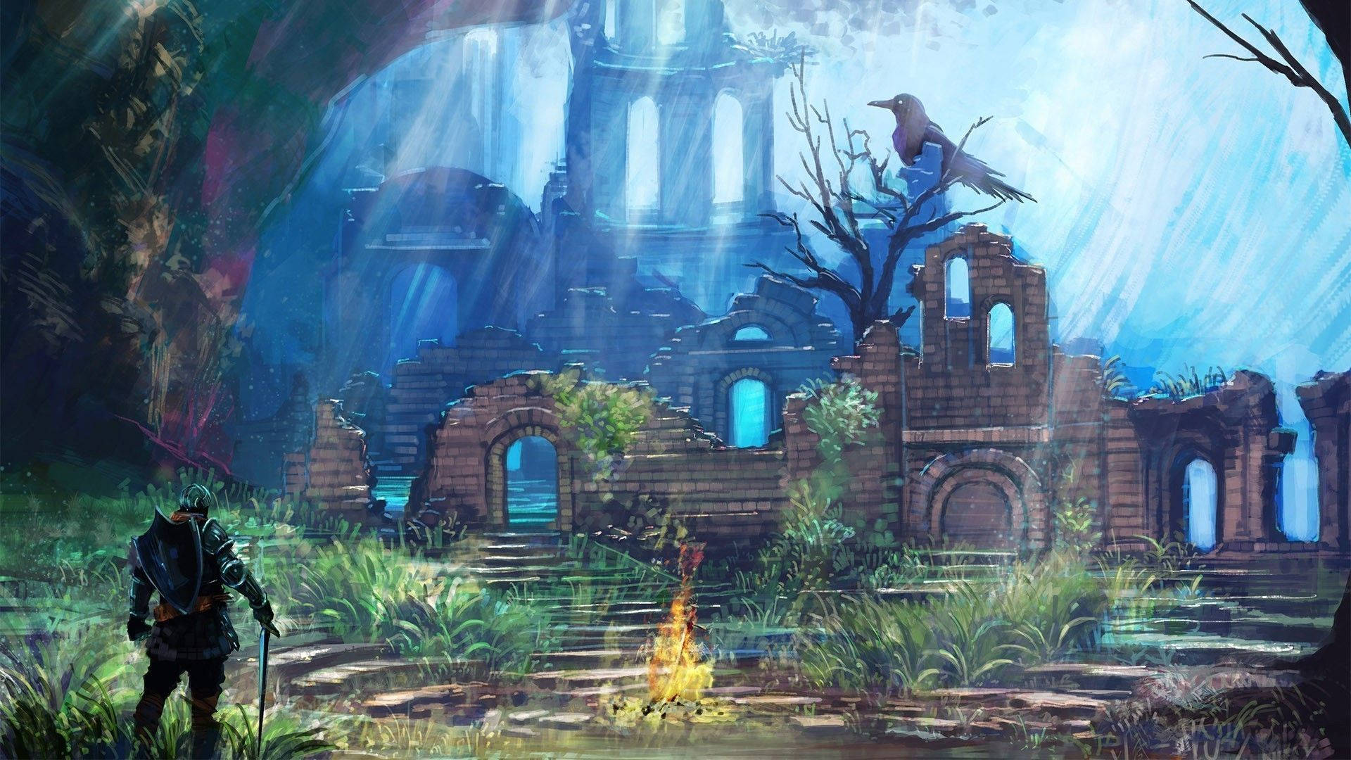 Dark Souls, giant crow, ancient stone ruins, Full HD Desktop Wallpaper