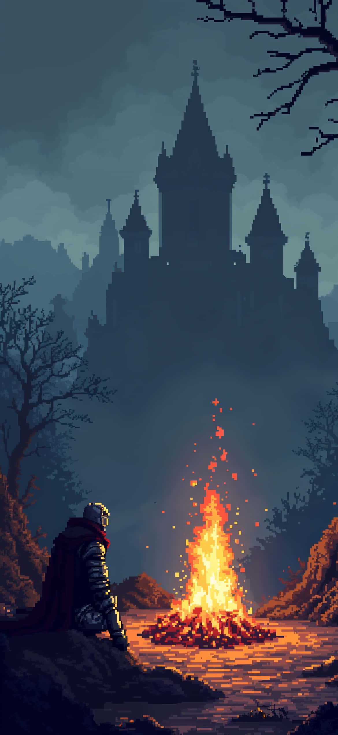 pixel art, Dark Souls, campfire scene, Full HD Phone Wallpaper