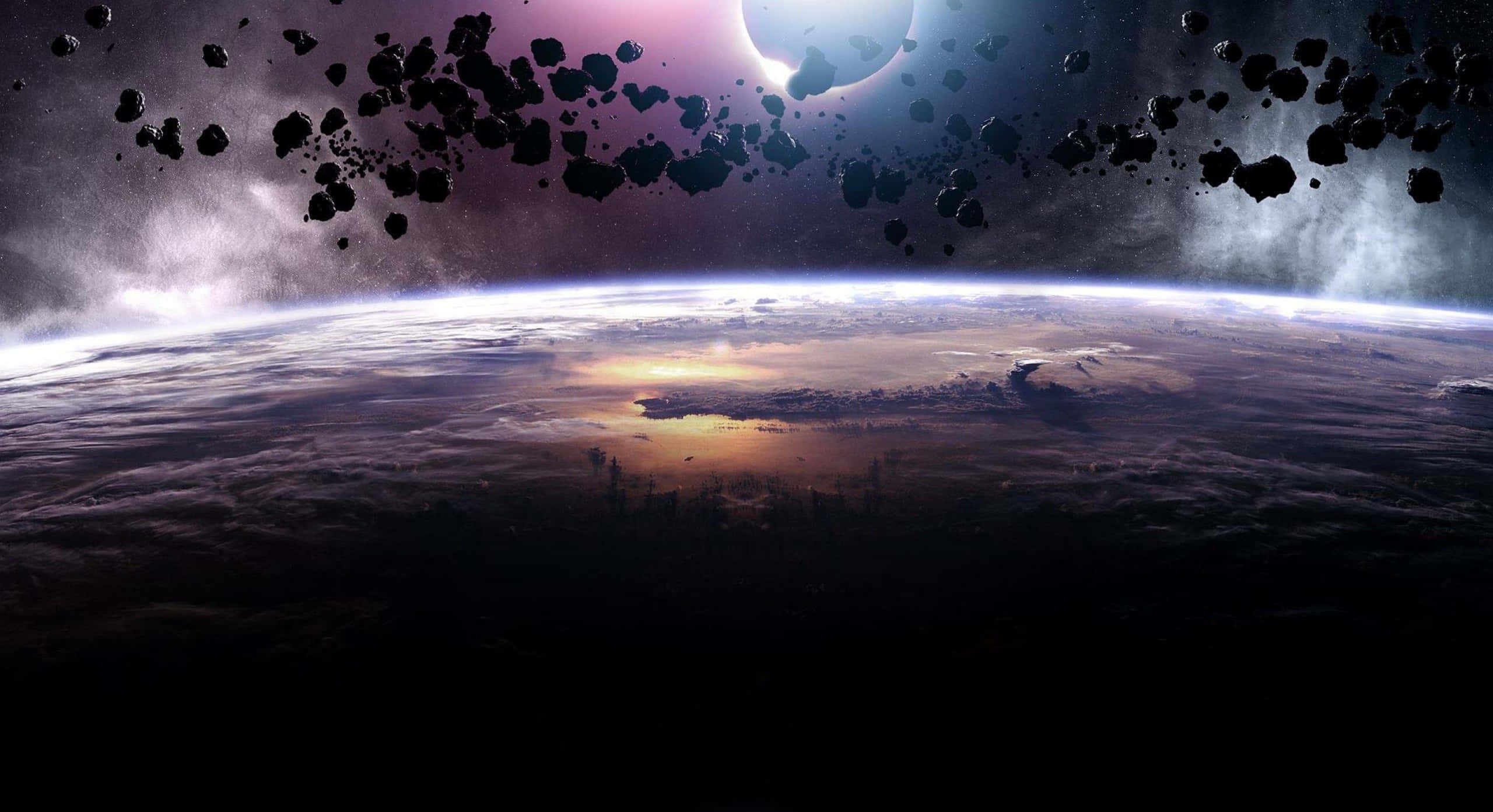 Earth, glowing horizon, floating asteroids, 2K Desktop Wallpaper