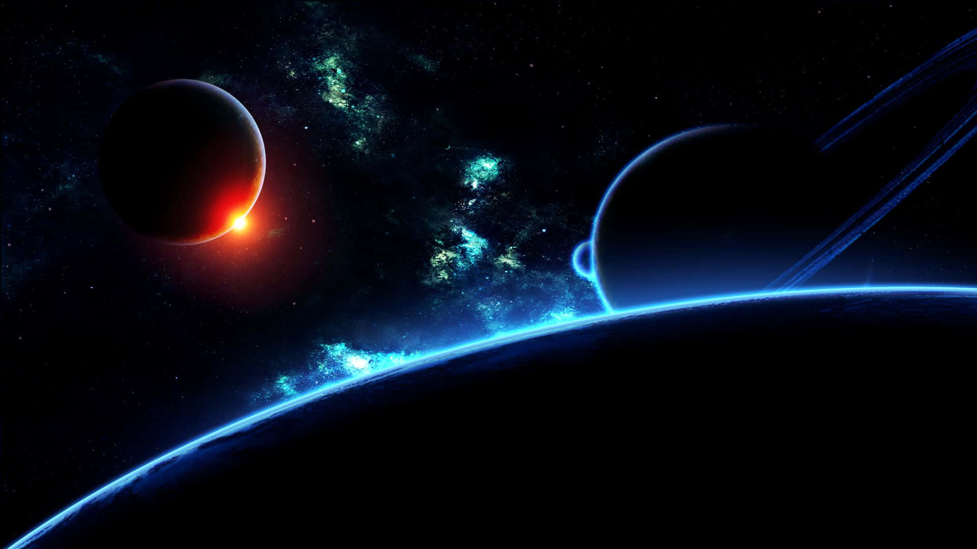 Dark Space, glowing red star, blue glowing ringed planet, Full HD Desktop Wallpaper