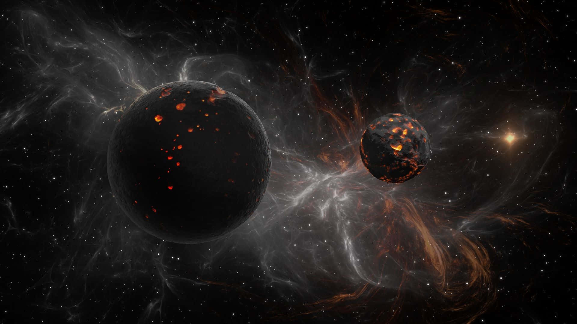 Dark Space, two molten planets, glowing orange lava spots, Full HD Desktop Wallpaper