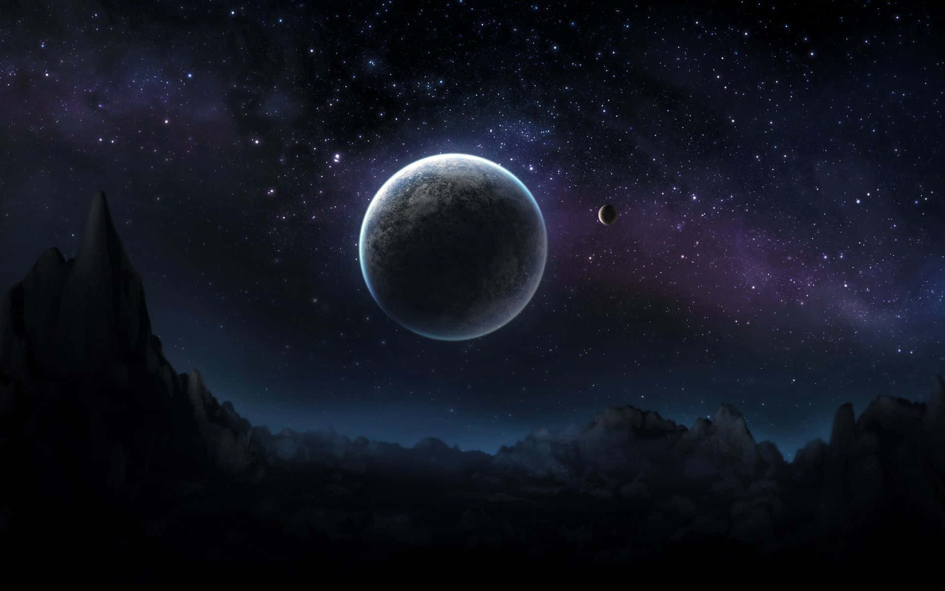 Dark Space, starry purple and blue cosmic sky, massive moon, Full HD Desktop Wallpaper