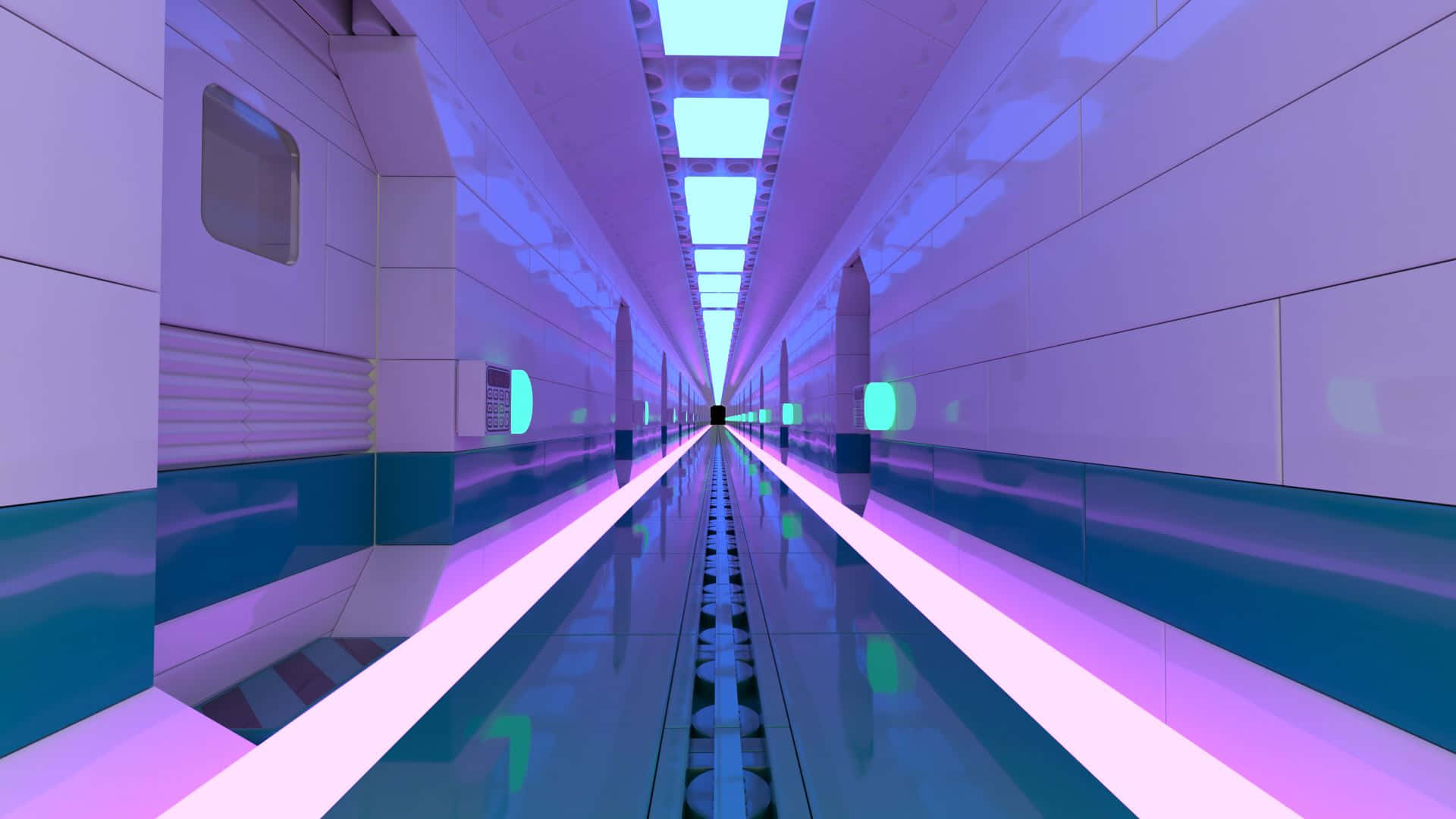 futuristic corridor, glowing purple and teal lights, vanishing point, Full HD Desktop Wallpaper