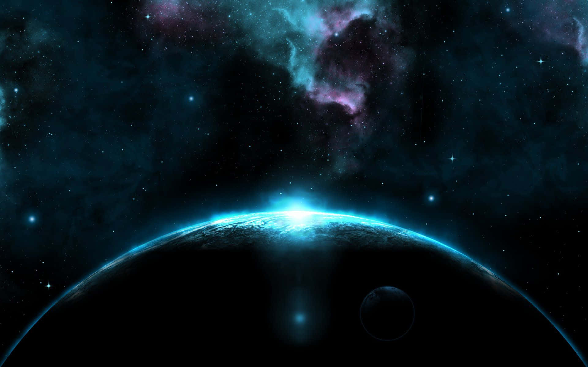 Dark Space, glowing blue planet, starry cosmic backdrop, Full HD Desktop Wallpaper